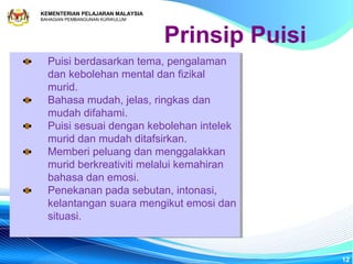KEMENTERIAN PELAJARAN MALAYSIA
BAHAGIAN PEMBANGUNAN KURIKULUM



                                 Prinsip Puisi
  Puisi berdasarkan tema, pengalaman
   Puisi berdasarkan tema, pengalaman
  dan kebolehan mental dan fizikal
   dan kebolehan mental dan fizikal
  murid.
   murid.
  Bahasa mudah, jelas, ringkas dan
   Bahasa mudah, jelas, ringkas dan
  mudah difahami.
   mudah difahami.
  Puisi sesuai dengan kebolehan intelek
   Puisi sesuai dengan kebolehan intelek
  murid dan mudah ditafsirkan.
   murid dan mudah ditafsirkan.
  Memberi peluang dan menggalakkan
   Memberi peluang dan menggalakkan
  murid berkreativiti melalui kemahiran
   murid berkreativiti melalui kemahiran
  bahasa dan emosi.
   bahasa dan emosi.
  Penekanan pada sebutan, intonasi,
   Penekanan pada sebutan, intonasi,
  kelantangan suara mengikut emosi dan
   kelantangan suara mengikut emosi dan
  situasi.
   situasi.


                                                 12
 