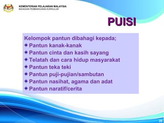 KEMENTERIAN PELAJARAN MALAYSIA
BAHAGIAN PEMBANGUNAN KURIKULUM




                                 PUISI
    Kelompok pantun dibahagi kepada;
     Pantun kanak-kanak
     Pantun cinta dan kasih sayang
     Telatah dan cara hidup masyarakat
     Pantun teka teki
     Pantun puji-pujian/sambutan
     Pantun nasihat, agama dan adat
     Pantun naratif/cerita




                                         20
 