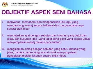 KEMENTERIAN PELAJARAN MALAYSIA
        BAHAGIAN PEMBANGUNAN KURIKULUM




OBJEKTIF ASPEK SENI BAHASA
i.    menyebut, memahami dan menghasilkan lirik lagu yang
      mengandungi mesej secara terkawal dan menyampaikannya
      secara didik hibur;

ii.   mengujarkan ayat dengan sebutan dan intonasi yang betul dan
      jelas, dan susunan idea yang tepat serta gaya yang sesuai untuk
      menyampaikan mesej melalui penceritaan;

iii. mengujarkan dialog dengan sebutan yang betul, intonasi yang
     jelas, bahasa badan yang sesuai untuk menyampaikan
     pengajaran melalui lakonan secara didik hibur;



                                                                        6
 