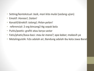 • Setting/kontekstual: baik, mari kita mulai (sedang ujian)
• Emotif: Horeee!; Sialan!
• Konatif/direktif: tolong!; Pelan-pelan!
• referensial: 2 org bincang2 ttg sepak bola
• Puitis/poetic: grafiti atau karya sastar
• Fatis/phatic/basa-basi: mau ke mana?; apa kabar; makasih ya
• Metalinguistik: h2o adalah air; Bandung adalah ibu kota Jawa Barat
 