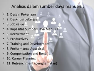 Analisis dalam sumber daya manusia :
• 1. Desain Pekerjaan
• 2. Deskripsi pekerjaan
• 3. Job value
• 4. Kapasitas Sumber Daya Manusia
• 5. Recruitment
• 6. Productivity
• 7. Training and Development
• 8. Performance Appraisal
• 9. Compensation and Benefit
• 10. Career Planning
• 11. Retrenchment (penghematan)
 