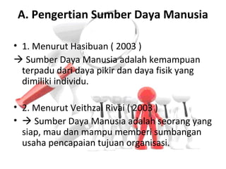 A. Pengertian Sumber Daya Manusia
• 1. Menurut Hasibuan ( 2003 )
 Sumber Daya Manusia adalah kemampuan
terpadu dari daya pikir dan daya fisik yang
dimiliki individu.
• 2. Menurut Veithzal Rivai ( 2003 )
•  Sumber Daya Manusia adalah seorang yang
siap, mau dan mampu memberi sumbangan
usaha pencapaian tujuan organisasi.
 