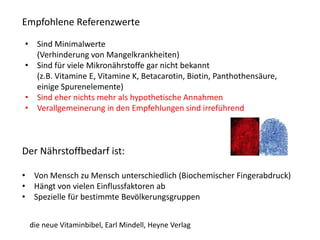 • Sind Minimalwerte
(Verhinderung von Mangelkrankheiten)
• Sind für viele Mikronährstoffe gar nicht bekannt
(z.B. Vitamine E, Vitamine K, Betacarotin, Biotin, Panthothensäure,
einige Spurenelemente)
• Sind eher nichts mehr als hypothetische Annahmen
• Verallgemeinerung in den Empfehlungen sind irreführend
Empfohlene Referenzwerte
Der Nährstoffbedarf ist:
• Von Mensch zu Mensch unterschiedlich (Biochemischer Fingerabdruck)
• Hängt von vielen Einflussfaktoren ab
• Spezielle für bestimmte Bevölkerungsgruppen
die neue Vitaminbibel, Earl Mindell, Heyne Verlag
 