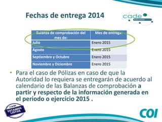 Fechas de entrega 2014
• Para el caso de Pólizas en caso de que la
Autoridad lo requiera se entregarán de acuerdo al
calendario de las Balanzas de comprobación a
partir y respecto de la información generada en
el periodo o ejercicio 2015 .
Balanza de comprobación del
mes de:
Mes de entrega:
Julio Enero 2015
Agosto Enero 2015
Septiembre y Octubre Enero 2015
Noviembre y Diciembre Enero 2015
 