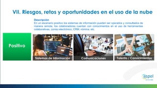 Moderado
Talento / ConocimientosComunicacionesSistemas de Información
Positivo
Descripción
En un escenario positivo los sistemas de información pueden ser operados y consultados de
manera remota, los colaboradores cuentan con conocimientos en el uso de herramientas
colaborativas, correo electrónico, CRM, nómina, etc.
VII. Riesgos, retos y oportunidades en el uso de la nube
 