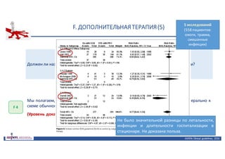 F.	ДОПОЛНИТЕЛЬНАЯ	ТЕРАПИЯ	(5)
ASPEN:	Clinical	 guidelines,	 2016
Должен ли назначаться энтерально Глутамин взрослым реанимационным пациентам?
F	4
Мы полагаем, что не нужно дополнительное рутинное назначение Глютамина энтерально к
схеме обычного энтерального питания реанимационным пациентам.
(Уровень доказательства умеренный).
Не было значительной разницы по летальности,
инфекции и длительности госпитализации в
стационаре. Не доказана польза.
5	исследований
(558	пациентов:	
ожоги,	травма,	
смешанные	
инфекции)
 