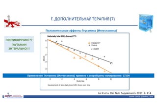 F.	ДОПОЛНИТЕЛЬНАЯ	ТЕРАПИЯ	(7)
ASPEN:	Clinical	 guidelines,	 2015ASPEN:	Clinical	 guidelines,	 2016
Положительные	эффекты	Глутамина (Интестамина)
Lei	K	et	a.	Clin	Nutr	Supplements	2011;	6:	214
Применение	Глутамина (Интестамина)	привело	к	скорейшему	купированию	 СПОН
ПРОТИВОРЕЧИЯ???
ГЛУТАМИН	
ЭНТЕРАЛЬНО!!!
 