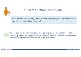 К.	ПЕЧЕНОЧНАЯ	НЕДОСТАТОЧНОСТЬ	(2)
ASPEN:	Clinical	 guidelines,	 2016
Какой оптимальный способ доставки питательной смеси у пациентов с печеночной
недостаточностью следуетвыбирать?
К	2
На основе консенсуса экспертов, мы рекомендуем использовать энтеральное
питание у пациентов в отделениях интенсивной терапии с острым повреждением
печени и/или хроническойпеченочной недостаточностью.
 