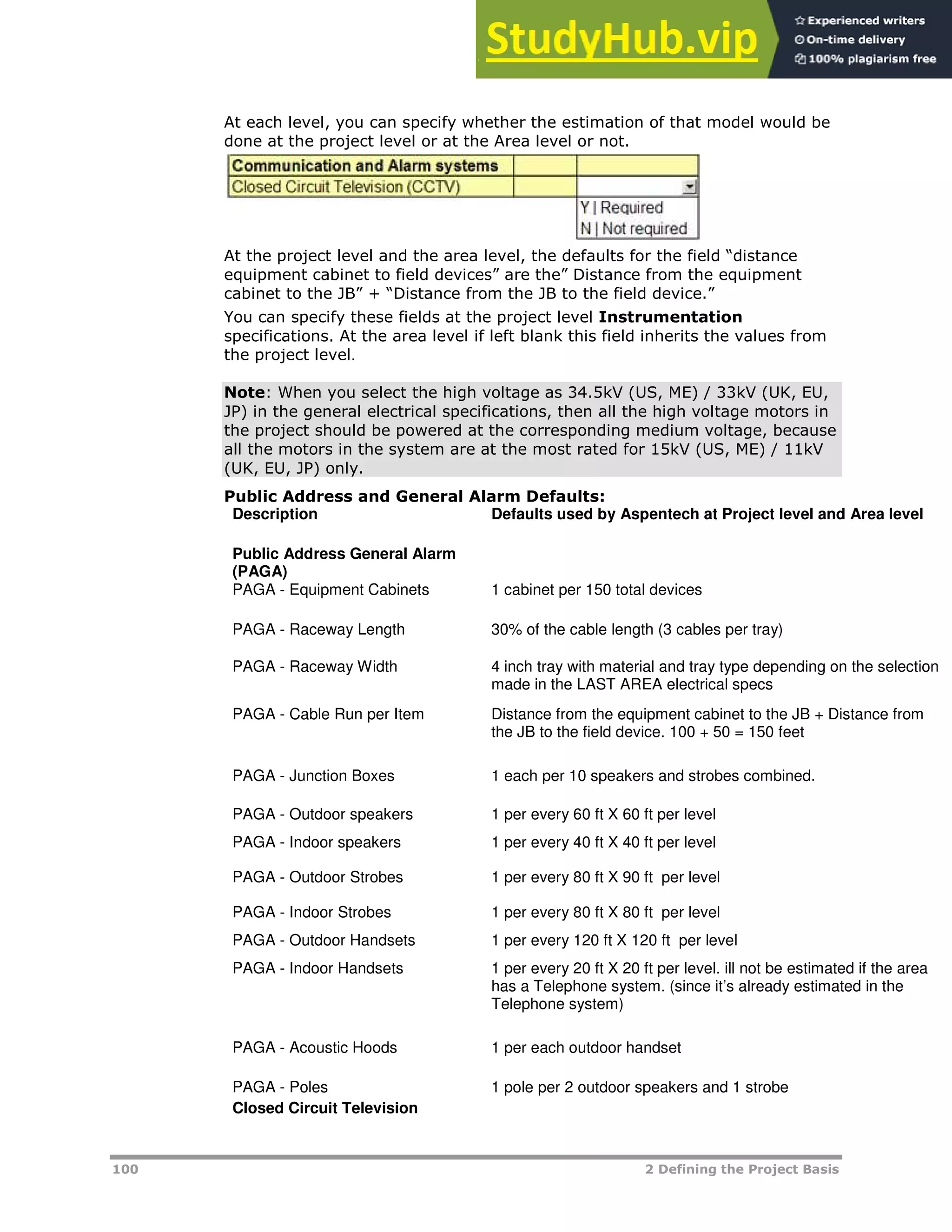 100 2 Defining the Project Basis
At each level, you can specify whether the estimation of that model would be
done at the project level or at the Area level or not.
At the project level and the area level, the defaults for the field “distance
equipment cabinet to field devices” are the” Distance from the equipment
cabinet to the JB” + “Distance from the JB to the field device.”
You can specify these fields at the project level Instrumentation
specifications. At the area level if left blank this field inherits the values from
the project level.
Note: When you select the high voltage as 34.5kV (US, ME) / 33kV (UK, EU,
JP) in the general electrical specifications, then all the high voltage motors in
the project should be powered at the corresponding medium voltage, because
all the motors in the system are at the most rated for 15kV (US, ME) / 11kV
(UK, EU, JP) only.
Public Address and General Alarm Defaults:
Description Defaults used by Aspentech at Project level and Area level
Public Address General Alarm
(PAGA)
PAGA - Equipment Cabinets 1 cabinet per 150 total devices
PAGA - Raceway Length 30% of the cable length (3 cables per tray)
PAGA - Raceway Width 4 inch tray with material and tray type depending on the selection
made in the LAST AREA electrical specs
PAGA - Cable Run per Item Distance from the equipment cabinet to the JB + Distance from
the JB to the field device. 100 + 50 = 150 feet
PAGA - Junction Boxes 1 each per 10 speakers and strobes combined.
PAGA - Outdoor speakers 1 per every 60 ft X 60 ft per level
PAGA - Indoor speakers 1 per every 40 ft X 40 ft per level
PAGA - Outdoor Strobes 1 per every 80 ft X 90 ft per level
PAGA - Indoor Strobes 1 per every 80 ft X 80 ft per level
PAGA - Outdoor Handsets 1 per every 120 ft X 120 ft per level
PAGA - Indoor Handsets 1 per every 20 ft X 20 ft per level. ill not be estimated if the area
has a Telephone system. (since it’s already estimated in the
Telephone system)
PAGA - Acoustic Hoods 1 per each outdoor handset
PAGA - Poles 1 pole per 2 outdoor speakers and 1 strobe
Closed Circuit Television
 