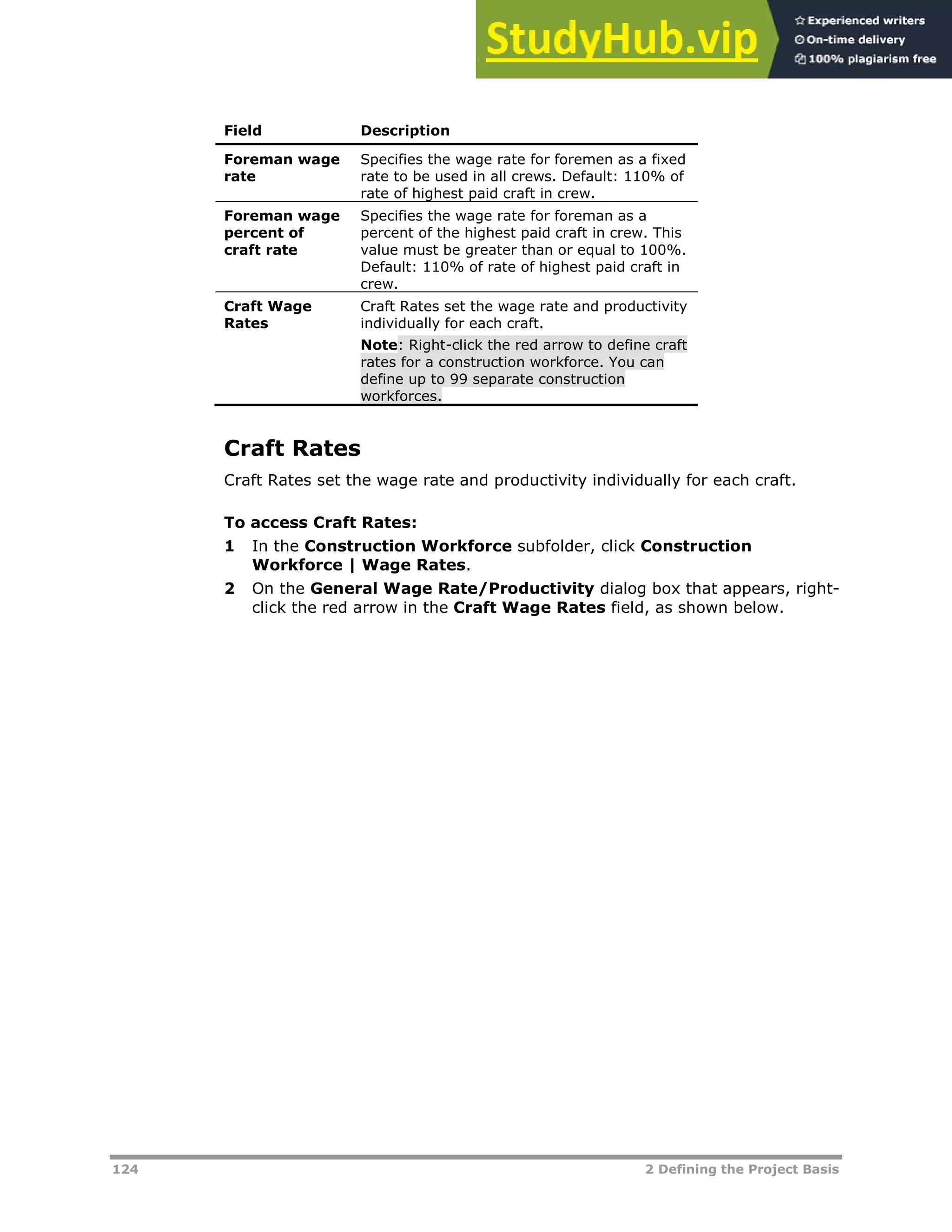 124 2 Defining the Project Basis
Field Description
Foreman wage
rate
Specifies the wage rate for foremen as a fixed
rate to be used in all crews. Default: 110% of
rate of highest paid craft in crew.
Foreman wage
percent of
craft rate
Specifies the wage rate for foreman as a
percent of the highest paid craft in crew. This
value must be greater than or equal to 100%.
Default: 110% of rate of highest paid craft in
crew.
Craft Wage
Rates
Craft Rates set the wage rate and productivity
individually for each craft.
Note: Right-click the red arrow to define craft
rates for a construction workforce. You can
define up to 99 separate construction
workforces.
Craft Rates
Craft Rates set the wage rate and productivity individually for each craft.
To access Craft Rates:
1 In the Construction Workforce subfolder, click Construction
Workforce | Wage Rates.
2 On the General Wage Rate/Productivity dialog box that appears, right-
click the red arrow in the Craft Wage Rates field, as shown below.
 