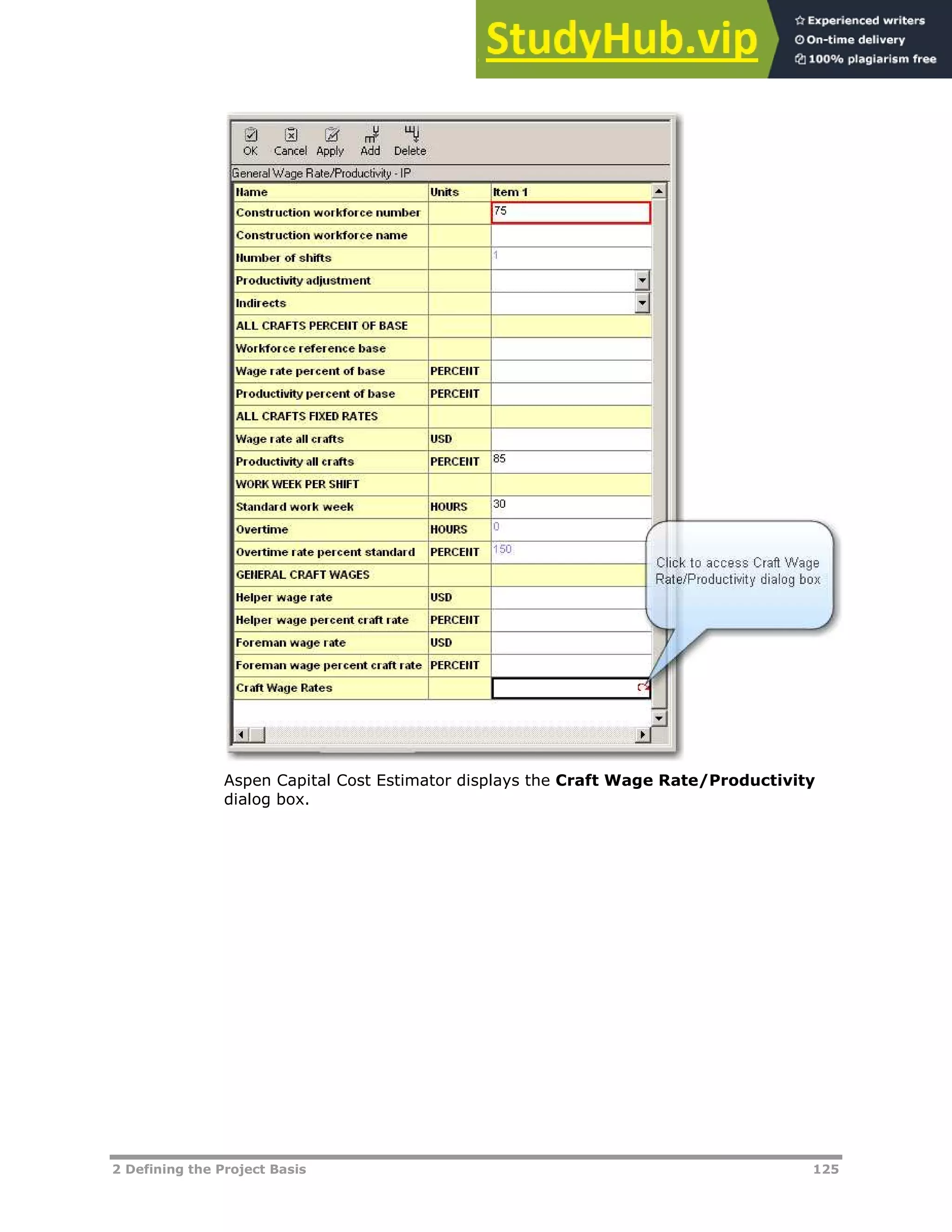 2 Defining the Project Basis 125
Aspen Capital Cost Estimator displays the Craft Wage Rate/Productivity
dialog box.
 