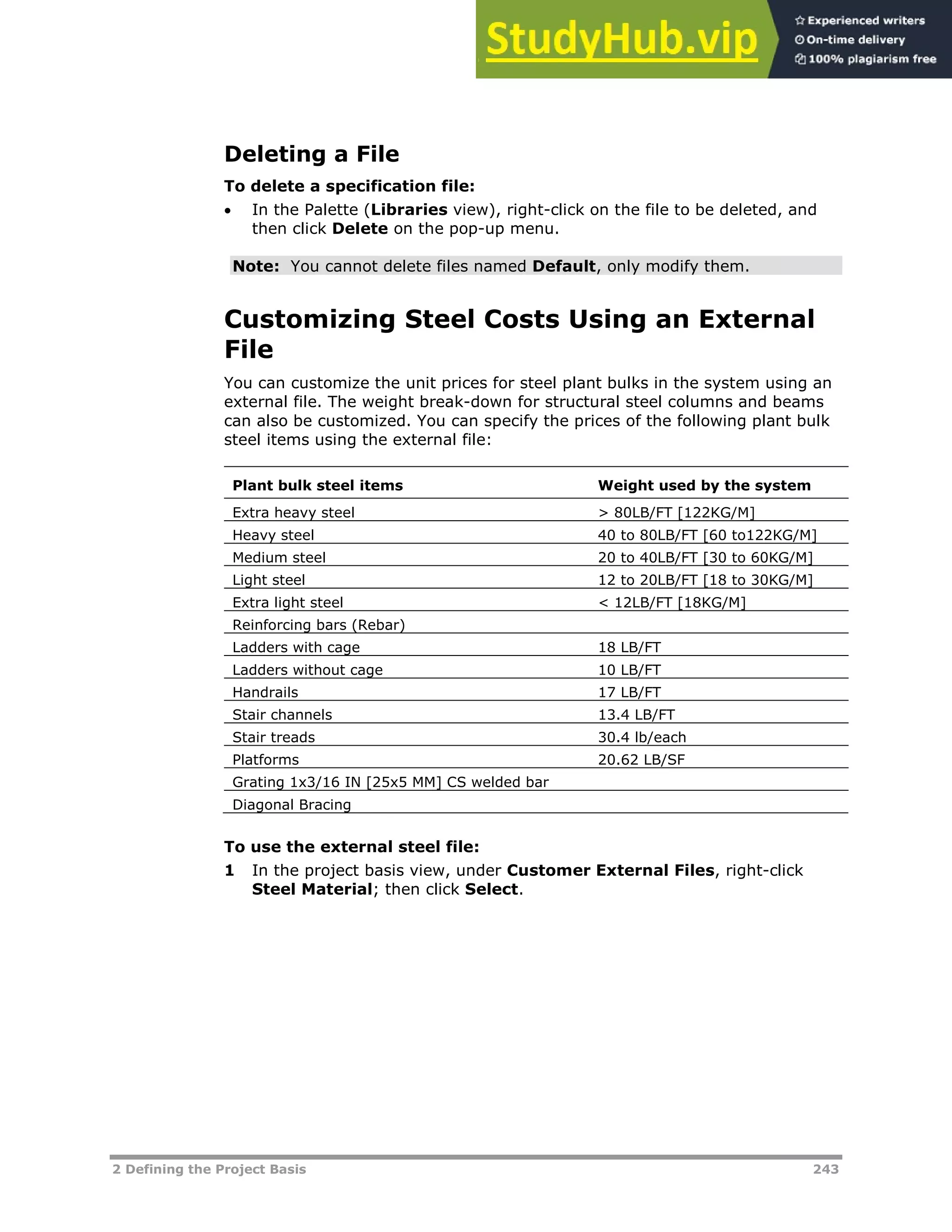 2 Defining the Project Basis 243
Deleting a File
To delete a specification file:
 In the Palette (Libraries view), right-click on the file to be deleted, and
then click Delete on the pop-up menu.
Note: You cannot delete files named Default, only modify them.
Customizing Steel Costs Using an External
File
You can customize the unit prices for steel plant bulks in the system using an
external file. The weight break-down for structural steel columns and beams
can also be customized. You can specify the prices of the following plant bulk
steel items using the external file:
Plant bulk steel items Weight used by the system
Extra heavy steel > 80LB/FT [122KG/M]
Heavy steel 40 to 80LB/FT [60 to122KG/M]
Medium steel 20 to 40LB/FT [30 to 60KG/M]
Light steel 12 to 20LB/FT [18 to 30KG/M]
Extra light steel < 12LB/FT [18KG/M]
Reinforcing bars (Rebar)
Ladders with cage 18 LB/FT
Ladders without cage 10 LB/FT
Handrails 17 LB/FT
Stair channels 13.4 LB/FT
Stair treads 30.4 lb/each
Platforms 20.62 LB/SF
Grating 1x3/16 IN [25x5 MM] CS welded bar
Diagonal Bracing
To use the external steel file:
1 In the project basis view, under Customer External Files, right-click
Steel Material; then click Select.
 