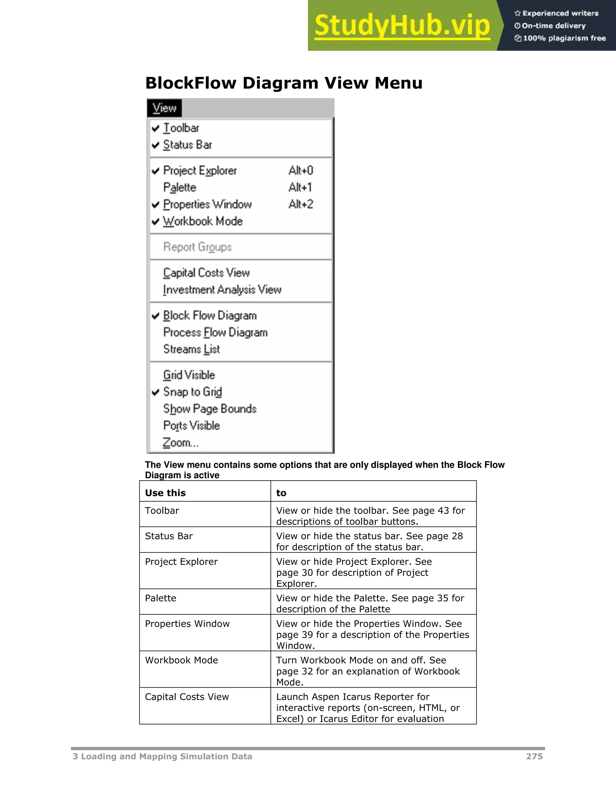 3 Loading and Mapping Simulation Data 275
BlockFlow Diagram View Menu
The View menu contains some options that are only displayed when the Block Flow
Diagram is active
Use this to
Toolbar View or hide the toolbar. See page XX43XX for
descriptions of toolbar buttons.
Status Bar View or hide the status bar. See page XX28XX
for description of the status bar.
Project Explorer View or hide Project Explorer. See
page XX30XX for description of Project
Explorer.
Palette View or hide the Palette. See page XX35XX for
description of the Palette
Properties Window View or hide the Properties Window. See
page XX39XX for a description of the Properties
Window.
Workbook Mode Turn Workbook Mode on and off. See
page XX32XX for an explanation of Workbook
Mode.
Capital Costs View Launch Aspen Icarus Reporter for
interactive reports (on-screen, HTML, or
Excel) or Icarus Editor for evaluation
 