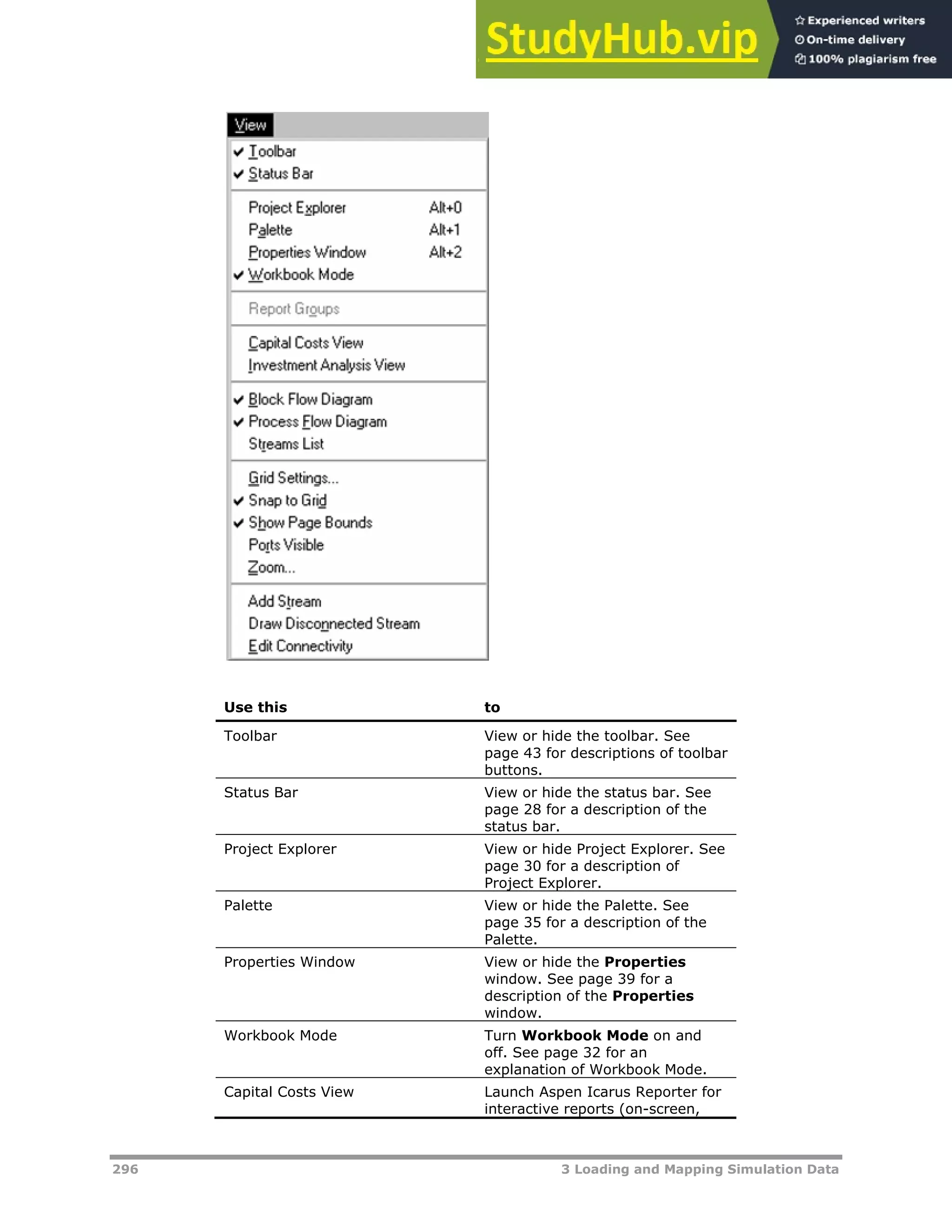 296 3 Loading and Mapping Simulation Data
Use this to
Toolbar View or hide the toolbar. See
page XX43XX for descriptions of toolbar
buttons.
Status Bar View or hide the status bar. See
page XX28XX for a description of the
status bar.
Project Explorer View or hide Project Explorer. See
page XX30XX for a description of
Project Explorer.
Palette View or hide the Palette. See
page XX35XX for a description of the
Palette.
Properties Window View or hide the Properties
window. See page XX39XX for a
description of the Properties
window.
Workbook Mode Turn Workbook Mode on and
off. See page XX32XX for an
explanation of Workbook Mode.
Capital Costs View Launch Aspen Icarus Reporter for
interactive reports (on-screen,
 