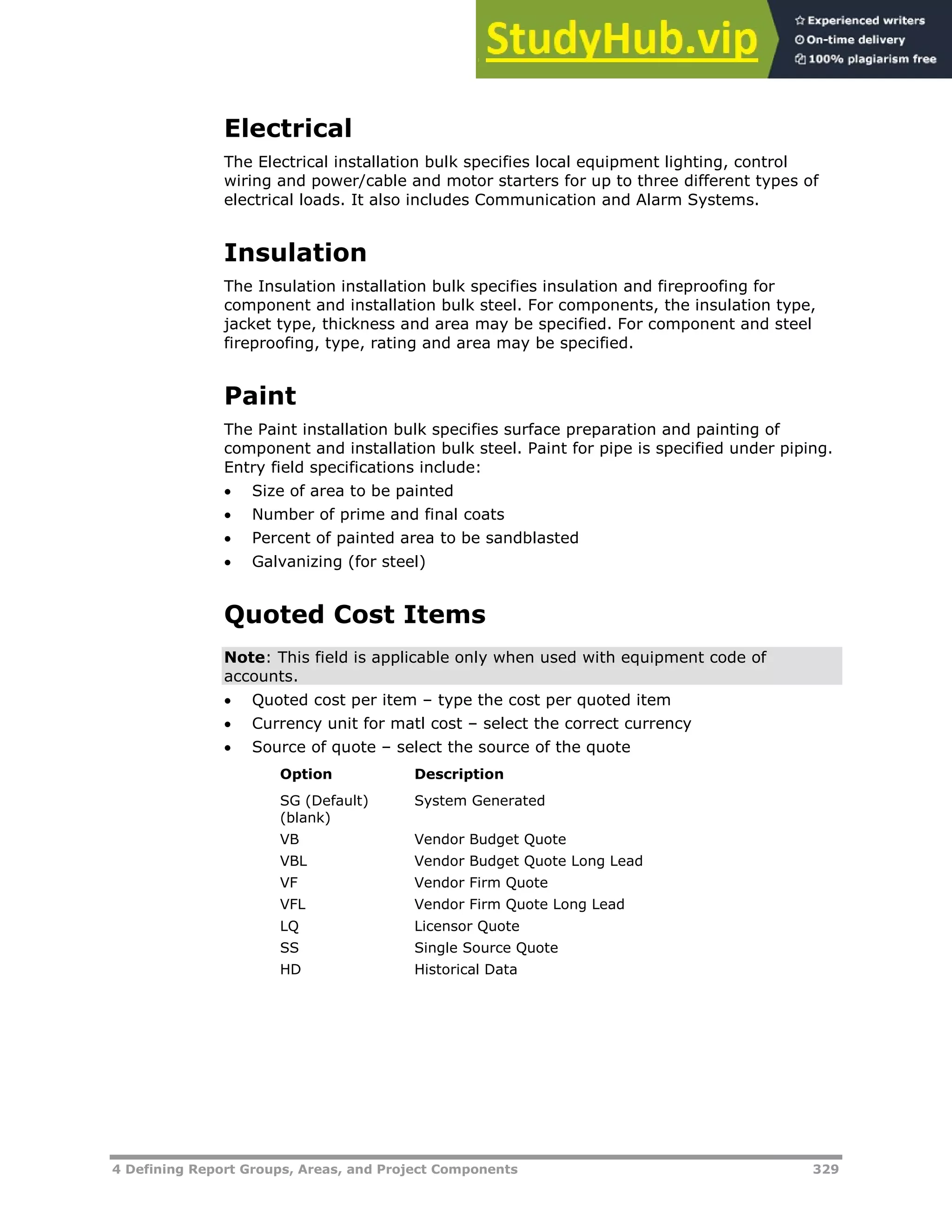 4 Defining Report Groups, Areas, and Project Components 329
Electrical
The Electrical installation bulk specifies local equipment lighting, control
wiring and power/cable and motor starters for up to three different types of
electrical loads. It also includes Communication and Alarm Systems.
Insulation
The Insulation installation bulk specifies insulation and fireproofing for
component and installation bulk steel. For components, the insulation type,
jacket type, thickness and area may be specified. For component and steel
fireproofing, type, rating and area may be specified.
Paint
The Paint installation bulk specifies surface preparation and painting of
component and installation bulk steel. Paint for pipe is specified under piping.
Entry field specifications include:
 Size of area to be painted
 Number of prime and final coats
 Percent of painted area to be sandblasted
 Galvanizing (for steel)
Quoted Cost Items
Note: This field is applicable only when used with equipment code of
accounts.
 Quoted cost per item – type the cost per quoted item
 Currency unit for matl cost – select the correct currency
 Source of quote – select the source of the quote
Option Description
SG (Default)
(blank)
System Generated
VB Vendor Budget Quote
VBL Vendor Budget Quote Long Lead
VF Vendor Firm Quote
VFL Vendor Firm Quote Long Lead
LQ Licensor Quote
SS Single Source Quote
HD Historical Data
 