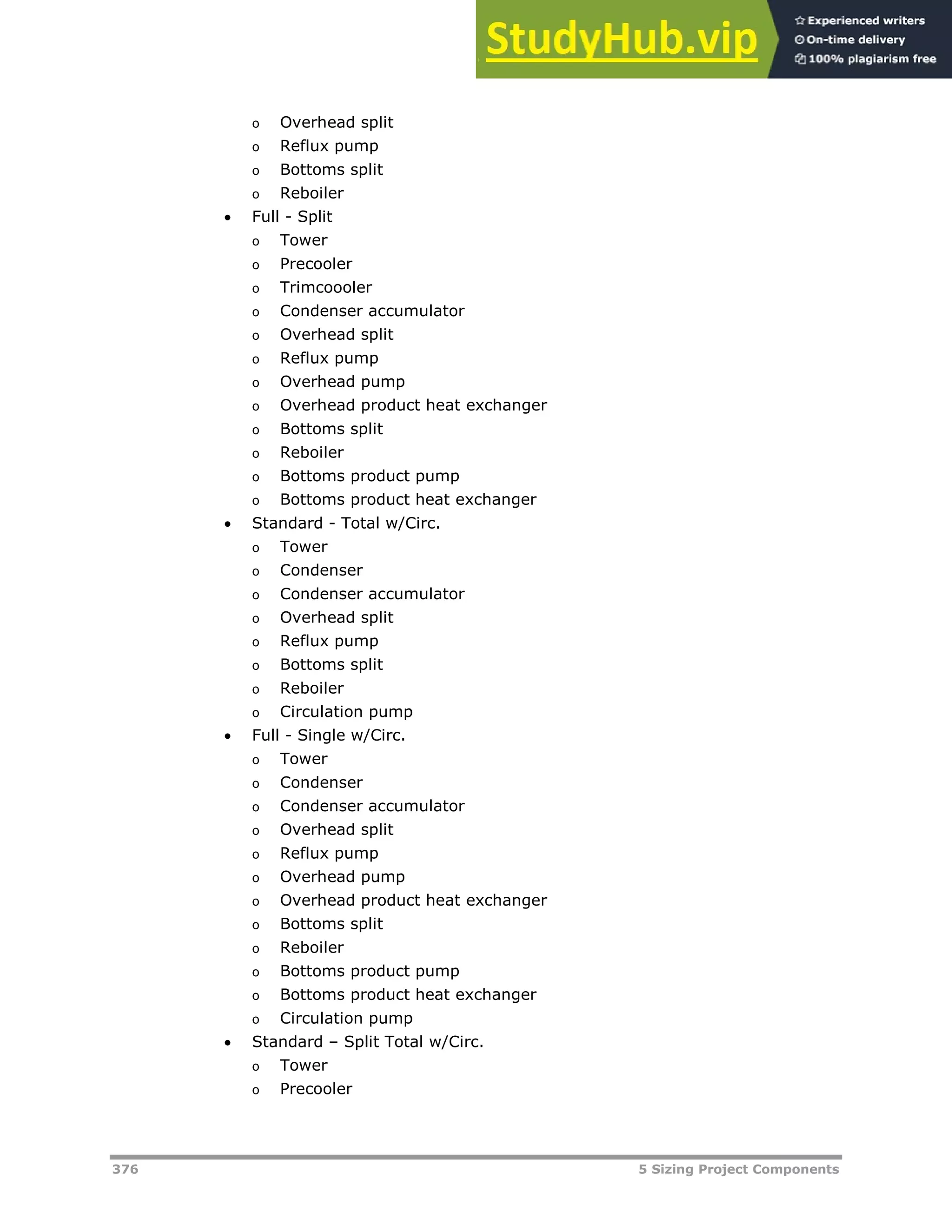 376 5 Sizing Project Components
o Overhead split
o Reflux pump
o Bottoms split
o Reboiler
 Full - Split
o Tower
o Precooler
o Trimcoooler
o Condenser accumulator
o Overhead split
o Reflux pump
o Overhead pump
o Overhead product heat exchanger
o Bottoms split
o Reboiler
o Bottoms product pump
o Bottoms product heat exchanger
 Standard - Total w/Circ.
o Tower
o Condenser
o Condenser accumulator
o Overhead split
o Reflux pump
o Bottoms split
o Reboiler
o Circulation pump
 Full - Single w/Circ.
o Tower
o Condenser
o Condenser accumulator
o Overhead split
o Reflux pump
o Overhead pump
o Overhead product heat exchanger
o Bottoms split
o Reboiler
o Bottoms product pump
o Bottoms product heat exchanger
o Circulation pump
 Standard – Split Total w/Circ.
o Tower
o Precooler
 