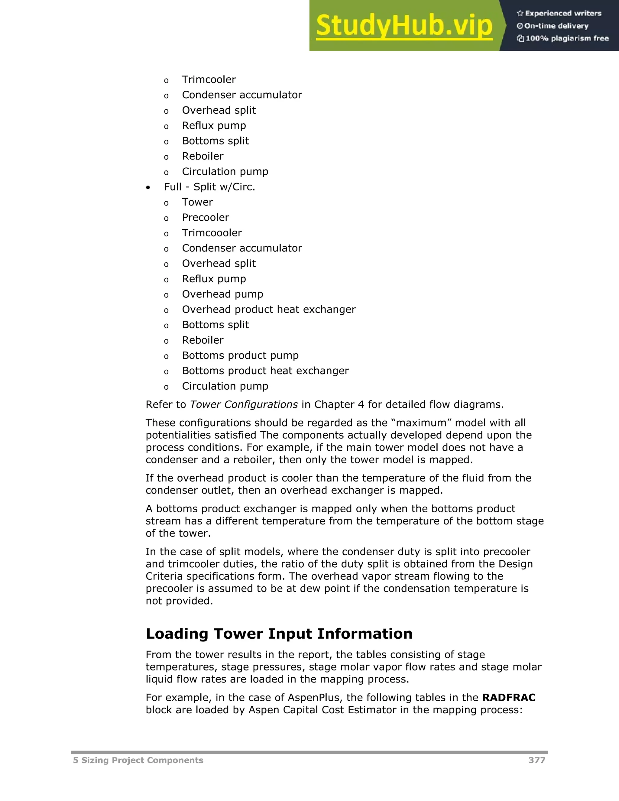 5 Sizing Project Components 377
o Trimcooler
o Condenser accumulator
o Overhead split
o Reflux pump
o Bottoms split
o Reboiler
o Circulation pump
 Full - Split w/Circ.
o Tower
o Precooler
o Trimcoooler
o Condenser accumulator
o Overhead split
o Reflux pump
o Overhead pump
o Overhead product heat exchanger
o Bottoms split
o Reboiler
o Bottoms product pump
o Bottoms product heat exchanger
o Circulation pump
Refer to Tower Configurations in Chapter 4 for detailed flow diagrams.
These configurations should be regarded as the “maximum” model with all
potentialities satisfied The components actually developed depend upon the
process conditions. For example, if the main tower model does not have a
condenser and a reboiler, then only the tower model is mapped.
If the overhead product is cooler than the temperature of the fluid from the
condenser outlet, then an overhead exchanger is mapped.
A bottoms product exchanger is mapped only when the bottoms product
stream has a different temperature from the temperature of the bottom stage
of the tower.
In the case of split models, where the condenser duty is split into precooler
and trimcooler duties, the ratio of the duty split is obtained from the Design
Criteria specifications form. The overhead vapor stream flowing to the
precooler is assumed to be at dew point if the condensation temperature is
not provided.
Loading Tower Input Information
From the tower results in the report, the tables consisting of stage
temperatures, stage pressures, stage molar vapor flow rates and stage molar
liquid flow rates are loaded in the mapping process.
For example, in the case of AspenPlus, the following tables in the RADFRAC
block are loaded by Aspen Capital Cost Estimator in the mapping process:
 