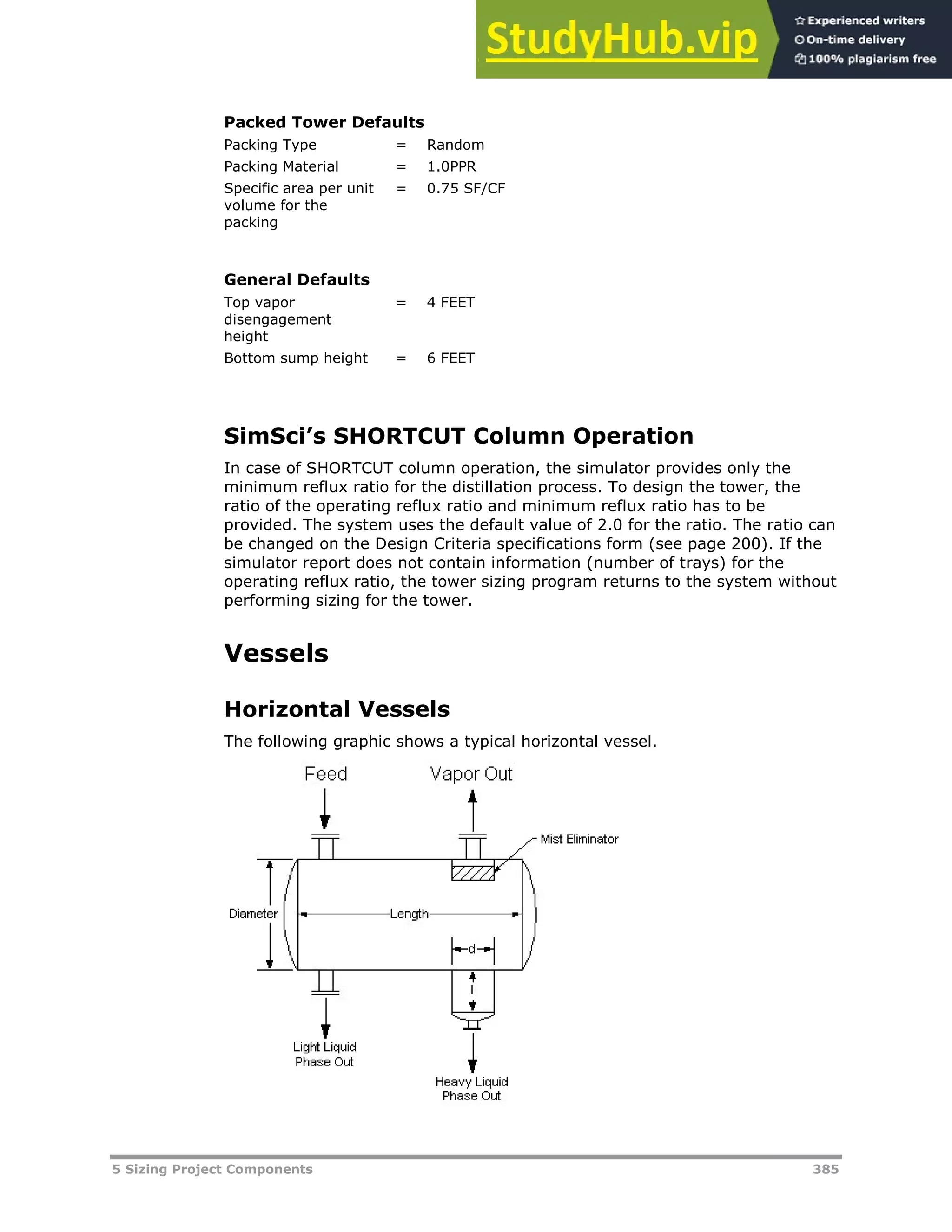 5 Sizing Project Components 385
Packed Tower Defaults
Packing Type = Random
Packing Material = 1.0PPR
Specific area per unit
volume for the
packing
= 0.75 SF/CF
General Defaults
Top vapor
disengagement
height
= 4 FEET
Bottom sump height = 6 FEET
SimSci’s SHORTCUT Column Operation
In case of SHORTCUT column operation, the simulator provides only the
minimum reflux ratio for the distillation process. To design the tower, the
ratio of the operating reflux ratio and minimum reflux ratio has to be
provided. The system uses the default value of 2.0 for the ratio. The ratio can
be changed on the Design Criteria specifications form (see page XX200XX). If the
simulator report does not contain information (number of trays) for the
operating reflux ratio, the tower sizing program returns to the system without
performing sizing for the tower.
Vessels
Horizontal Vessels
The following graphic shows a typical horizontal vessel.
 