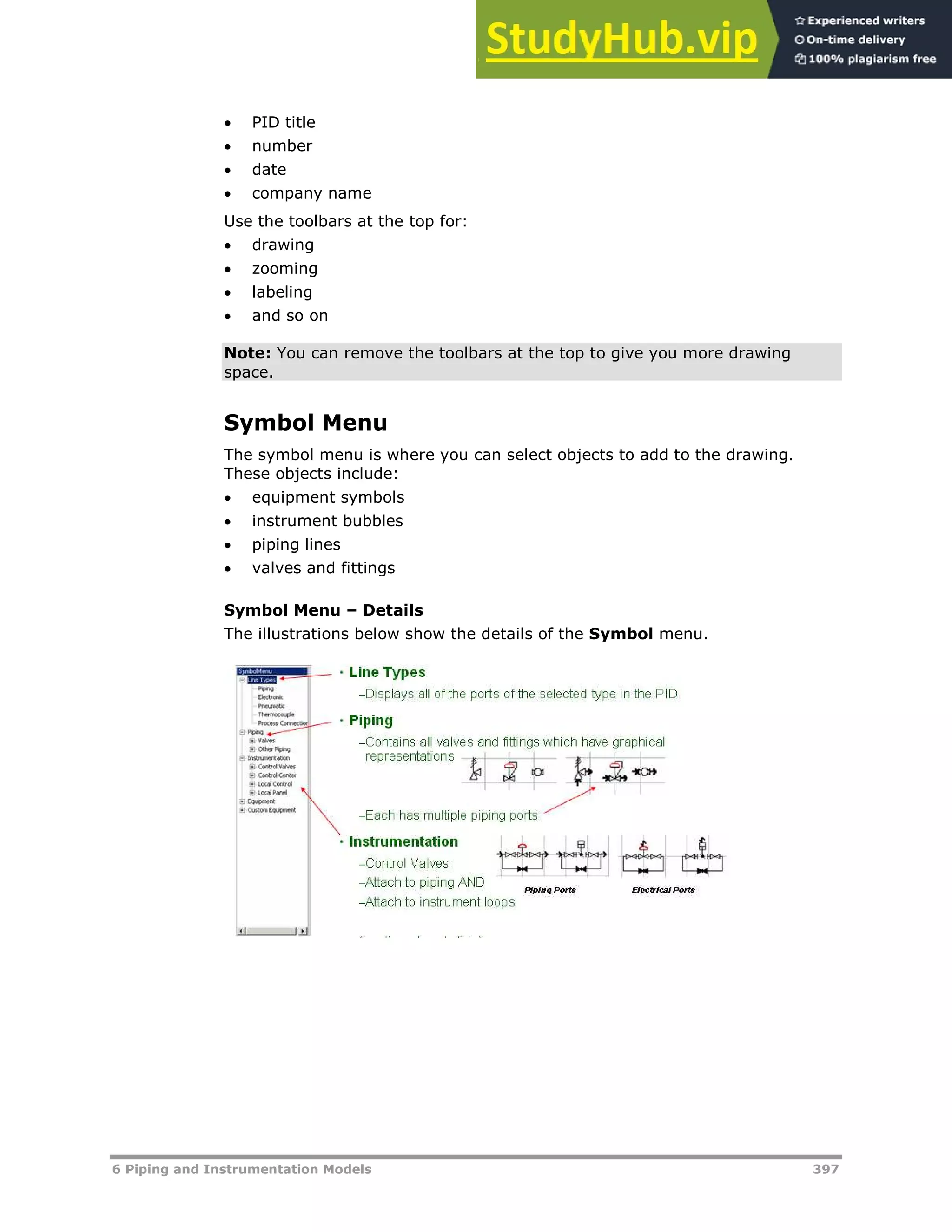 6 Piping and Instrumentation Models 397
 PID title
 number
 date
 company name
Use the toolbars at the top for:
 drawing
 zooming
 labeling
 and so on
Note: You can remove the toolbars at the top to give you more drawing
space.
Symbol Menu
The symbol menu is where you can select objects to add to the drawing.
These objects include:
 equipment symbols
 instrument bubbles
 piping lines
 valves and fittings
Symbol Menu – Details
The illustrations below show the details of the Symbol menu.
 