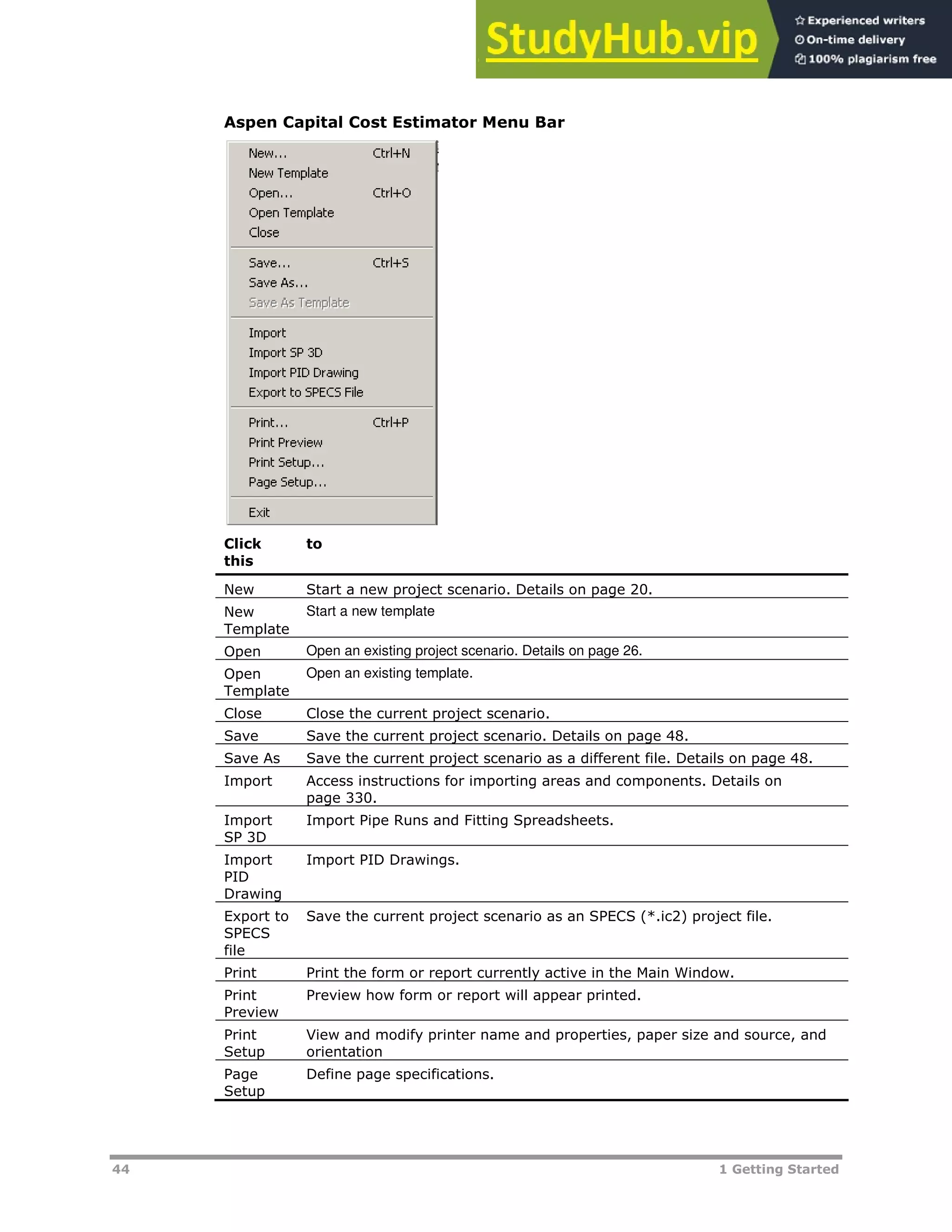 44 1 Getting Started
Aspen Capital Cost Estimator Menu Bar
Click
this
to
New Start a new project scenario. Details on page XX20XX.
New
Template
Start a new template
Open Open an existing project scenario. Details on page XX26XX.
Open
Template
Open an existing template.
Close Close the current project scenario.
Save Save the current project scenario. Details on page XX48XX.
Save As Save the current project scenario as a different file. Details on page XX48XX.
Import Access instructions for importing areas and components. Details on
page XX330XX.
Import
SP 3D
Import Pipe Runs and Fitting Spreadsheets.
Import
PID
Drawing
Import PID Drawings.
Export to
SPECS
file
Save the current project scenario as an SPECS (*.ic2) project file.
Print Print the form or report currently active in the Main Window.
Print
Preview
Preview how form or report will appear printed.
Print
Setup
View and modify printer name and properties, paper size and source, and
orientation
Page
Setup
Define page specifications.
 