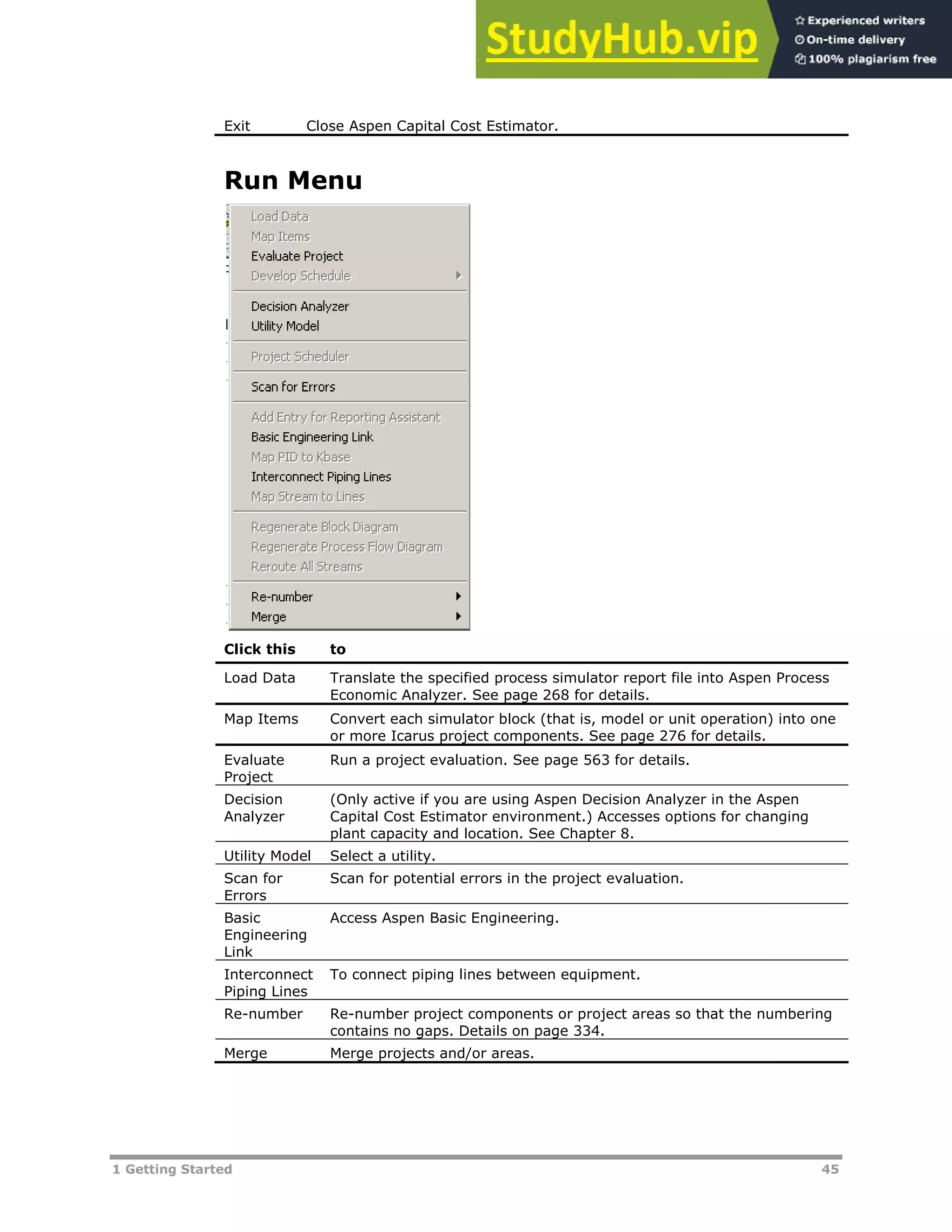 1 Getting Started 45
Exit Close Aspen Capital Cost Estimator.
Run Menu
Click this to
Load Data Translate the specified process simulator report file into Aspen Process
Economic Analyzer. See page 268 for details.
Map Items Convert each simulator block (that is, model or unit operation) into one
or more Icarus project components. See page 276 for details.
Evaluate
Project
Run a project evaluation. See page XX563XX for details.
Decision
Analyzer
(Only active if you are using Aspen Decision Analyzer in the Aspen
Capital Cost Estimator environment.) Accesses options for changing
plant capacity and location. See Chapter 8.
Utility Model Select a utility.
Scan for
Errors
Scan for potential errors in the project evaluation.
Basic
Engineering
Link
Access Aspen Basic Engineering.
Interconnect
Piping Lines
To connect piping lines between equipment.
Re-number Re-number project components or project areas so that the numbering
contains no gaps. Details on page XX334XX.
Merge Merge projects and/or areas.
 