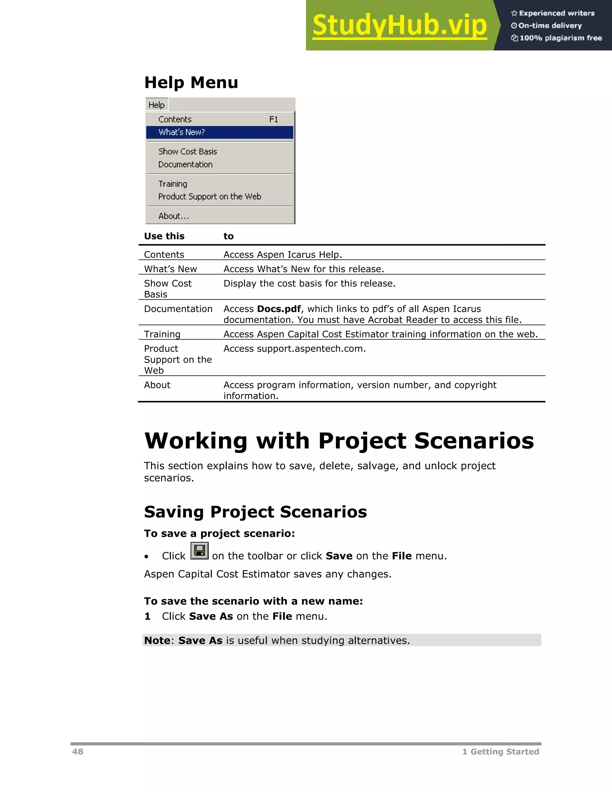 48 1 Getting Started
Help Menu
Use this to
Contents Access Aspen Icarus Help.
What’s New Access What’s New for this release.
Show Cost
Basis
Display the cost basis for this release.
Documentation Access Docs.pdf, which links to pdf’s of all Aspen Icarus
documentation. You must have Acrobat Reader to access this file.
Training Access Aspen Capital Cost Estimator training information on the web.
Product
Support on the
Web
Access support.aspentech.com.
About Access program information, version number, and copyright
information.
Working with Project Scenarios
This section explains how to save, delete, salvage, and unlock project
scenarios.
Saving Project Scenarios
To save a project scenario:
 Click on the toolbar or click Save on the File menu.
Aspen Capital Cost Estimator saves any changes.
To save the scenario with a new name:
1 Click Save As on the File menu.
Note: Save As is useful when studying alternatives.
 