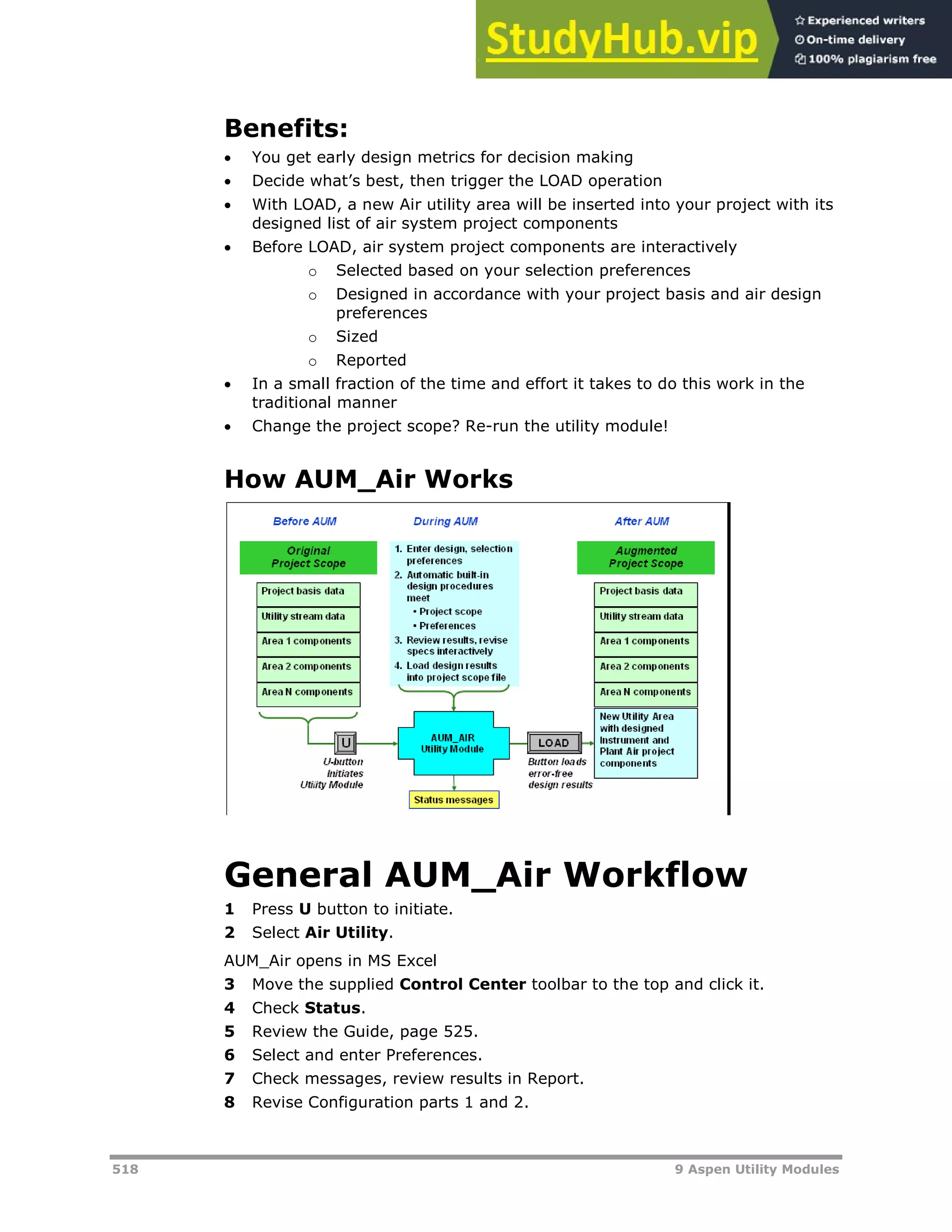 518 9 Aspen Utility Modules
Benefits:
 You get early design metrics for decision making
 Decide what’s best, then trigger the LOAD operation
 With LOAD, a new Air utility area will be inserted into your project with its
designed list of air system project components
 Before LOAD, air system project components are interactively
o Selected based on your selection preferences
o Designed in accordance with your project basis and air design
preferences
o Sized
o Reported
 In a small fraction of the time and effort it takes to do this work in the
traditional manner
 Change the project scope? Re-run the utility module!
How AUM_Air Works
General AUM_Air Workflow
1 Press U button to initiate.
2 Select Air Utility.
AUM_Air opens in MS Excel
3 Move the supplied Control Center toolbar to the top and click it.
4 Check Status.
5 Review the Guide, page X525X.
6 Select and enter Preferences.
7 Check messages, review results in Report.
8 Revise Configuration parts 1 and 2.
 