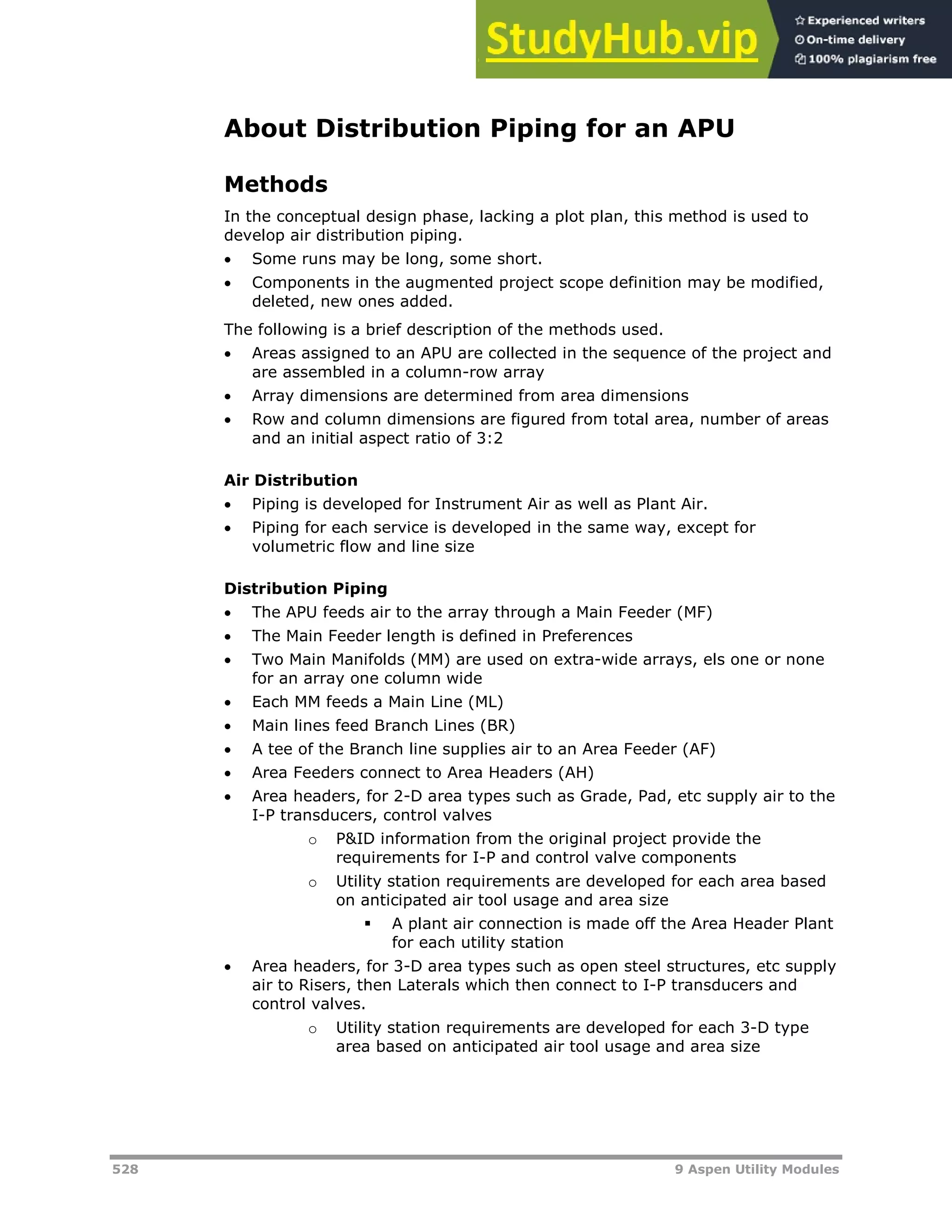 528 9 Aspen Utility Modules
About Distribution Piping for an APU
Methods
In the conceptual design phase, lacking a plot plan, this method is used to
develop air distribution piping.
 Some runs may be long, some short.
 Components in the augmented project scope definition may be modified,
deleted, new ones added.
The following is a brief description of the methods used.
 Areas assigned to an APU are collected in the sequence of the project and
are assembled in a column-row array
 Array dimensions are determined from area dimensions
 Row and column dimensions are figured from total area, number of areas
and an initial aspect ratio of 3:2
Air Distribution
 Piping is developed for Instrument Air as well as Plant Air.
 Piping for each service is developed in the same way, except for
volumetric flow and line size
Distribution Piping
 The APU feeds air to the array through a Main Feeder (MF)
 The Main Feeder length is defined in Preferences
 Two Main Manifolds (MM) are used on extra-wide arrays, els one or none
for an array one column wide
 Each MM feeds a Main Line (ML)
 Main lines feed Branch Lines (BR)
 A tee of the Branch line supplies air to an Area Feeder (AF)
 Area Feeders connect to Area Headers (AH)
 Area headers, for 2-D area types such as Grade, Pad, etc supply air to the
I-P transducers, control valves
o P&ID information from the original project provide the
requirements for I-P and control valve components
o Utility station requirements are developed for each area based
on anticipated air tool usage and area size
 A plant air connection is made off the Area Header Plant
for each utility station
 Area headers, for 3-D area types such as open steel structures, etc supply
air to Risers, then Laterals which then connect to I-P transducers and
control valves.
o Utility station requirements are developed for each 3-D type
area based on anticipated air tool usage and area size
 