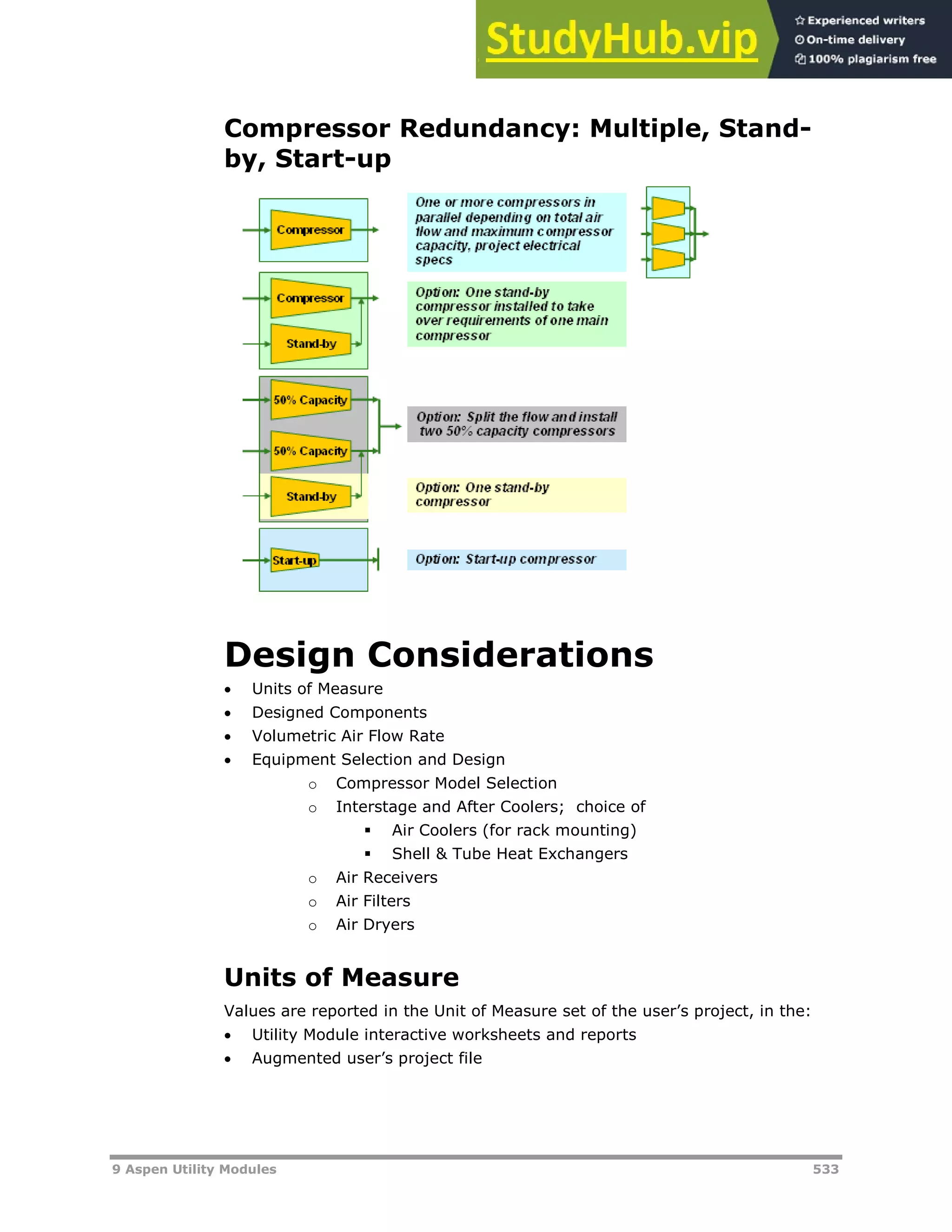 9 Aspen Utility Modules 533
Compressor Redundancy: Multiple, Stand-
by, Start-up
Design Considerations
 Units of Measure
 Designed Components
 Volumetric Air Flow Rate
 Equipment Selection and Design
o Compressor Model Selection
o Interstage and After Coolers; choice of
 Air Coolers (for rack mounting)
 Shell & Tube Heat Exchangers
o Air Receivers
o Air Filters
o Air Dryers
Units of Measure
Values are reported in the Unit of Measure set of the user’s project, in the:
 Utility Module interactive worksheets and reports
 Augmented user’s project file
 