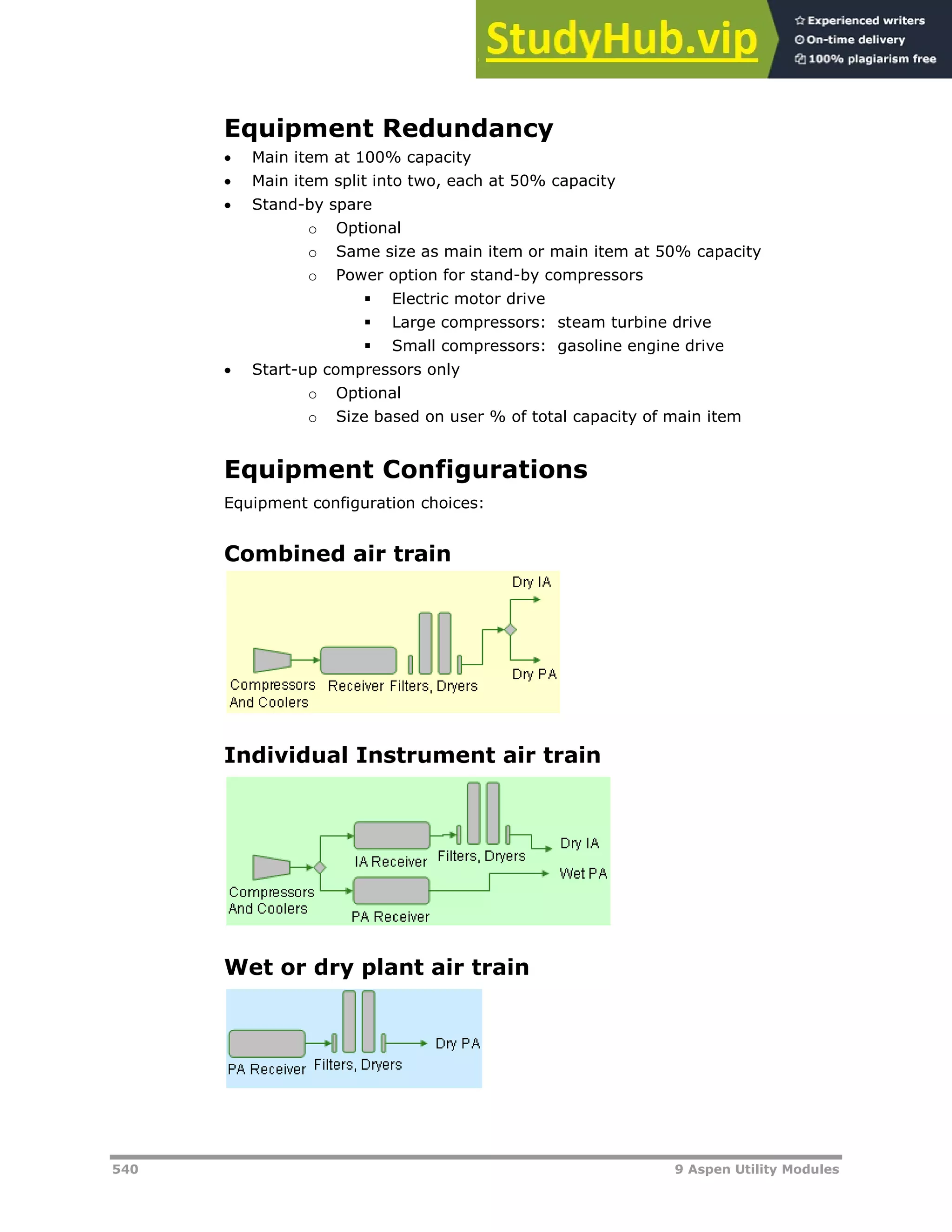 540 9 Aspen Utility Modules
Equipment Redundancy
 Main item at 100% capacity
 Main item split into two, each at 50% capacity
 Stand-by spare
o Optional
o Same size as main item or main item at 50% capacity
o Power option for stand-by compressors
 Electric motor drive
 Large compressors: steam turbine drive
 Small compressors: gasoline engine drive
 Start-up compressors only
o Optional
o Size based on user % of total capacity of main item
Equipment Configurations
Equipment configuration choices:
Combined air train
Individual Instrument air train
Wet or dry plant air train
 