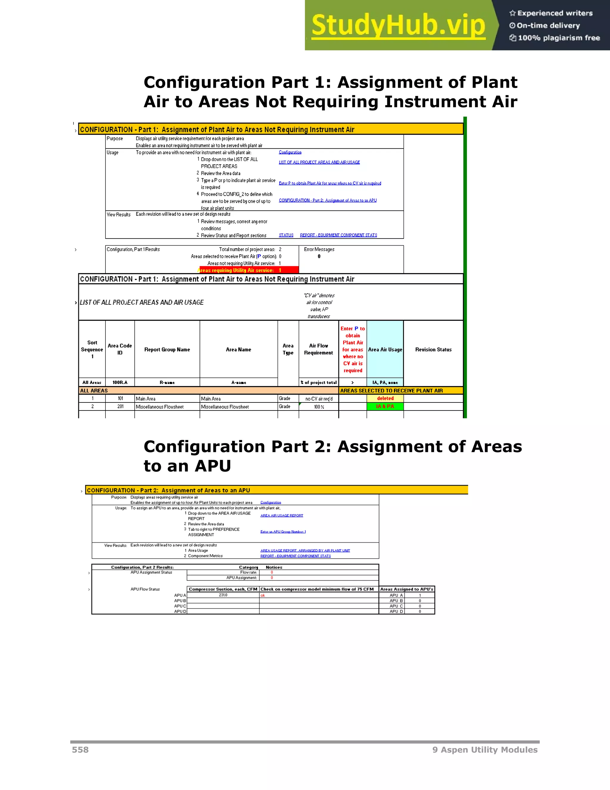 558 9 Aspen Utility Modules
Configuration Part 1: Assignment of Plant
Air to Areas Not Requiring Instrument Air
Configuration Part 2: Assignment of Areas
to an APU
 