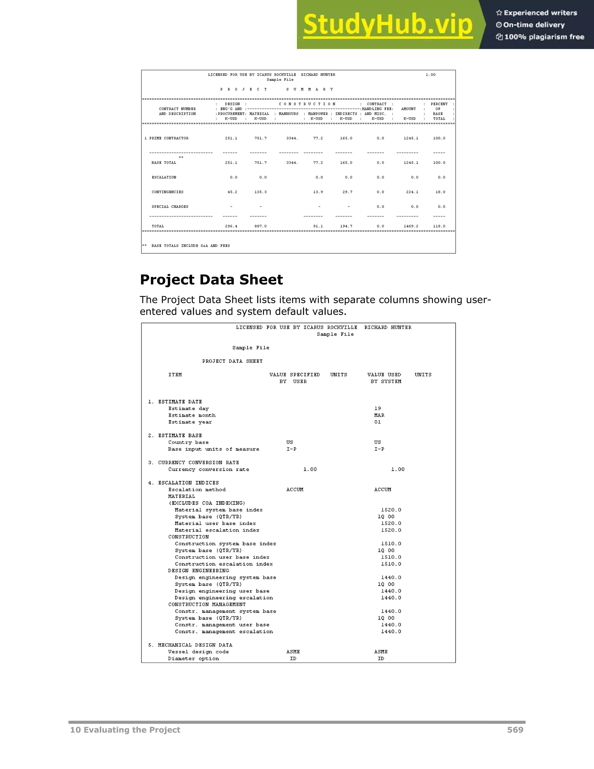 10 Evaluating the Project 569
Project Data Sheet
The Project Data Sheet lists items with separate columns showing user-
entered values and system default values.
 