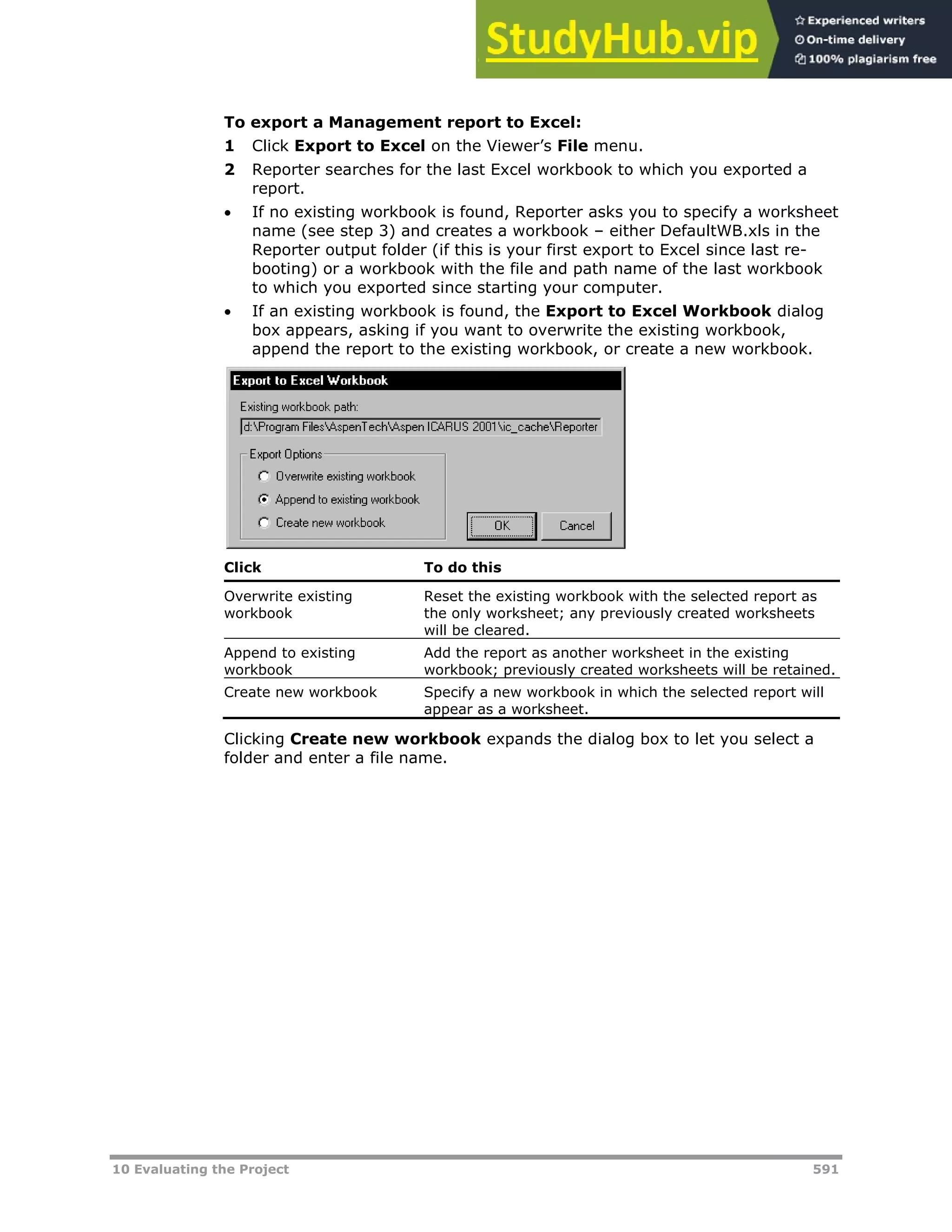 10 Evaluating the Project 591
To export a Management report to Excel:
1 Click Export to Excel on the Viewer’s File menu.
2 Reporter searches for the last Excel workbook to which you exported a
report.
 If no existing workbook is found, Reporter asks you to specify a worksheet
name (see step 3) and creates a workbook – either DefaultWB.xls in the
Reporter output folder (if this is your first export to Excel since last re-
booting) or a workbook with the file and path name of the last workbook
to which you exported since starting your computer.
 If an existing workbook is found, the Export to Excel Workbook dialog
box appears, asking if you want to overwrite the existing workbook,
append the report to the existing workbook, or create a new workbook.
Click To do this
Overwrite existing
workbook
Reset the existing workbook with the selected report as
the only worksheet; any previously created worksheets
will be cleared.
Append to existing
workbook
Add the report as another worksheet in the existing
workbook; previously created worksheets will be retained.
Create new workbook Specify a new workbook in which the selected report will
appear as a worksheet.
Clicking Create new workbook expands the dialog box to let you select a
folder and enter a file name.
 