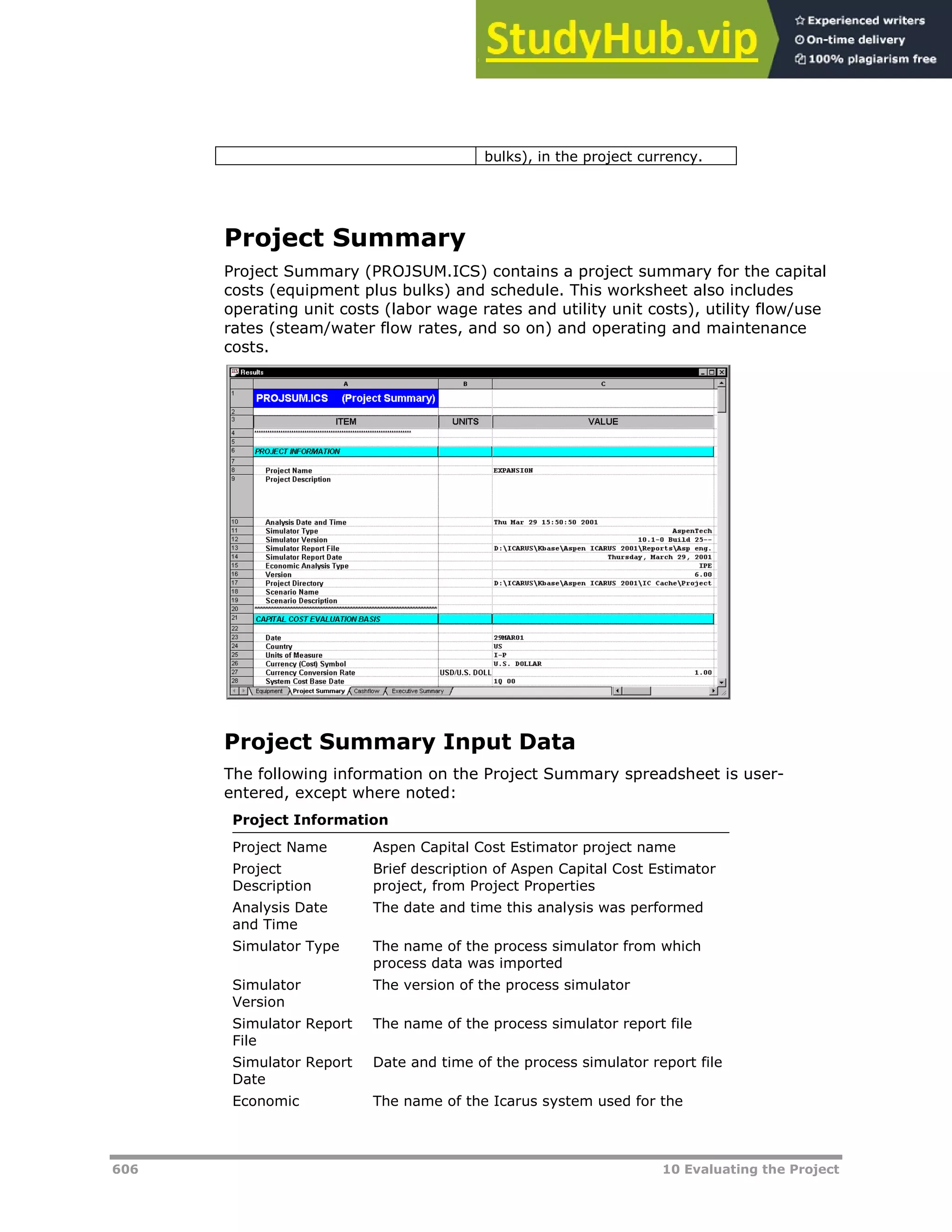 606 10 Evaluating the Project
bulks), in the project currency.
Project Summary
Project Summary (PROJSUM.ICS) contains a project summary for the capital
costs (equipment plus bulks) and schedule. This worksheet also includes
operating unit costs (labor wage rates and utility unit costs), utility flow/use
rates (steam/water flow rates, and so on) and operating and maintenance
costs.
Project Summary Input Data
The following information on the Project Summary spreadsheet is user-
entered, except where noted:
Project Information
Project Name Aspen Capital Cost Estimator project name
Project
Description
Brief description of Aspen Capital Cost Estimator
project, from Project Properties
Analysis Date
and Time
The date and time this analysis was performed
Simulator Type The name of the process simulator from which
process data was imported
Simulator
Version
The version of the process simulator
Simulator Report
File
The name of the process simulator report file
Simulator Report
Date
Date and time of the process simulator report file
Economic The name of the Icarus system used for the
 