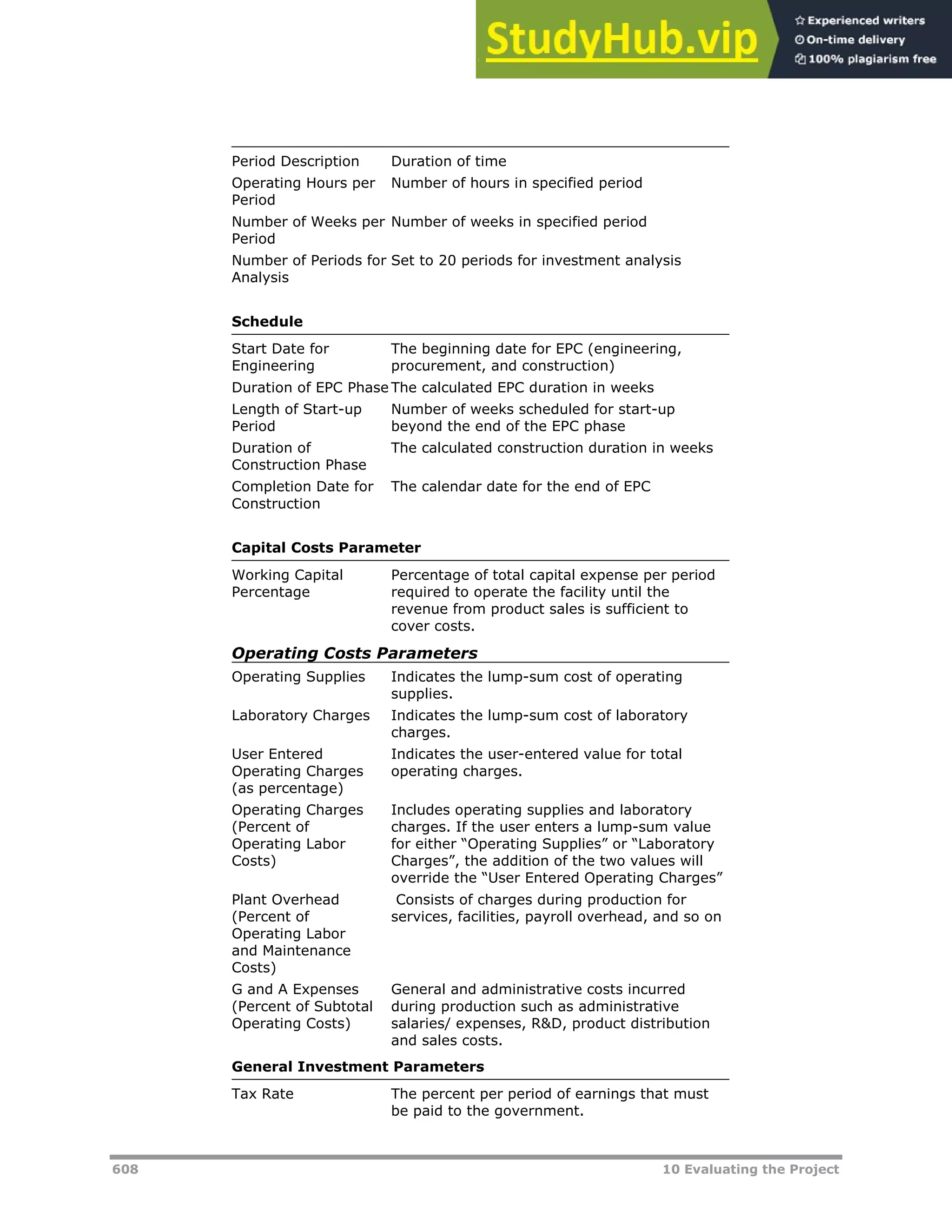 608 10 Evaluating the Project
Period Description Duration of time
Operating Hours per
Period
Number of hours in specified period
Number of Weeks per
Period
Number of weeks in specified period
Number of Periods for
Analysis
Set to 20 periods for investment analysis
Schedule
Start Date for
Engineering
The beginning date for EPC (engineering,
procurement, and construction)
Duration of EPC Phase The calculated EPC duration in weeks
Length of Start-up
Period
Number of weeks scheduled for start-up
beyond the end of the EPC phase
Duration of
Construction Phase
The calculated construction duration in weeks
Completion Date for
Construction
The calendar date for the end of EPC
Capital Costs Parameter
Working Capital
Percentage
Percentage of total capital expense per period
required to operate the facility until the
revenue from product sales is sufficient to
cover costs.
Operating Costs Parameters
Operating Supplies Indicates the lump-sum cost of operating
supplies.
Laboratory Charges Indicates the lump-sum cost of laboratory
charges.
User Entered
Operating Charges
(as percentage)
Indicates the user-entered value for total
operating charges.
Operating Charges
(Percent of
Operating Labor
Costs)
Includes operating supplies and laboratory
charges. If the user enters a lump-sum value
for either “Operating Supplies” or “Laboratory
Charges”, the addition of the two values will
override the “User Entered Operating Charges”
Plant Overhead
(Percent of
Operating Labor
and Maintenance
Costs)
Consists of charges during production for
services, facilities, payroll overhead, and so on
G and A Expenses
(Percent of Subtotal
Operating Costs)
General and administrative costs incurred
during production such as administrative
salaries/ expenses, R&D, product distribution
and sales costs.
General Investment Parameters
Tax Rate The percent per period of earnings that must
be paid to the government.
 