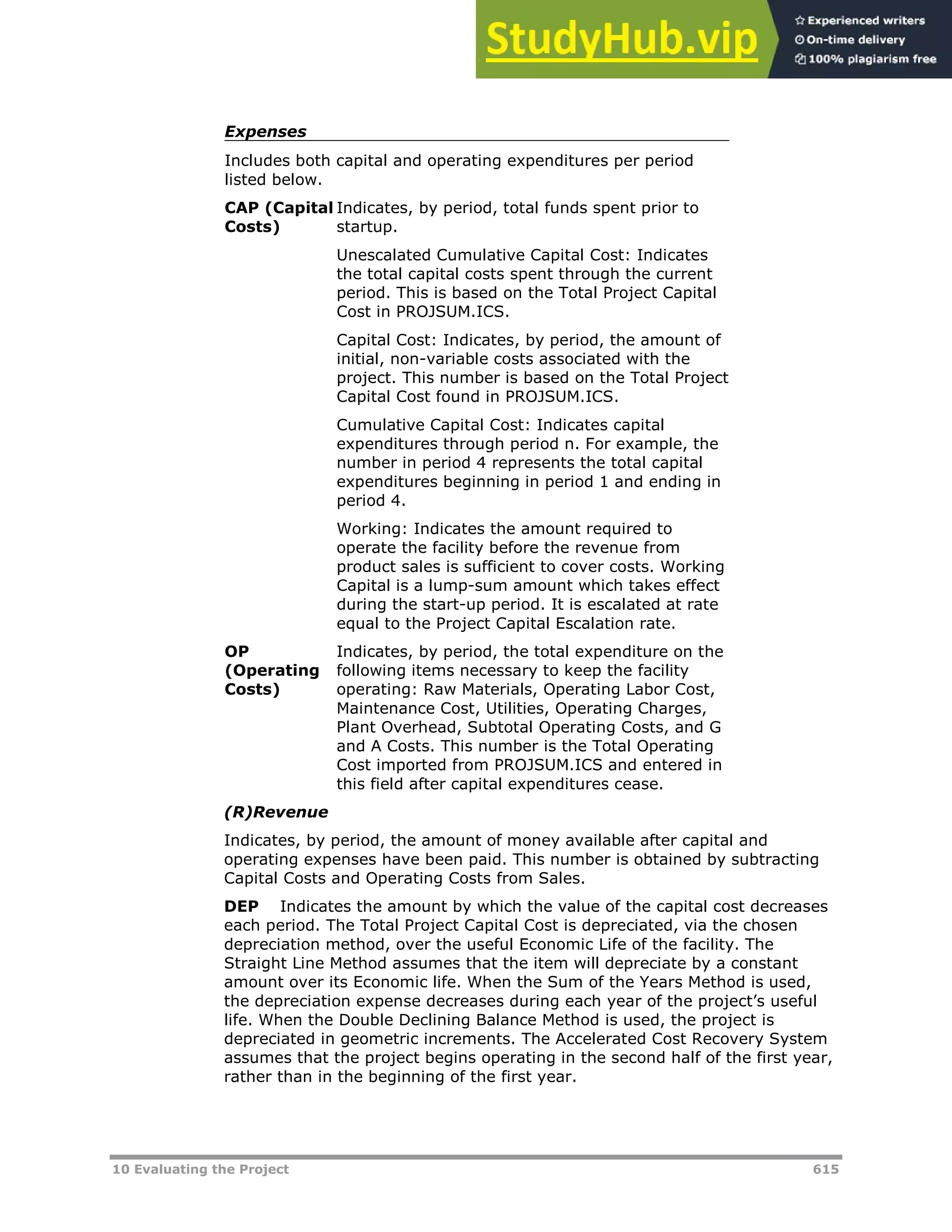 10 Evaluating the Project 615
Expenses
Includes both capital and operating expenditures per period
listed below.
CAP (Capital
Costs)
Indicates, by period, total funds spent prior to
startup.
Unescalated Cumulative Capital Cost: Indicates
the total capital costs spent through the current
period. This is based on the Total Project Capital
Cost in PROJSUM.ICS.
Capital Cost: Indicates, by period, the amount of
initial, non-variable costs associated with the
project. This number is based on the Total Project
Capital Cost found in PROJSUM.ICS.
Cumulative Capital Cost: Indicates capital
expenditures through period n. For example, the
number in period 4 represents the total capital
expenditures beginning in period 1 and ending in
period 4.
Working: Indicates the amount required to
operate the facility before the revenue from
product sales is sufficient to cover costs. Working
Capital is a lump-sum amount which takes effect
during the start-up period. It is escalated at rate
equal to the Project Capital Escalation rate.
OP
(Operating
Costs)
Indicates, by period, the total expenditure on the
following items necessary to keep the facility
operating: Raw Materials, Operating Labor Cost,
Maintenance Cost, Utilities, Operating Charges,
Plant Overhead, Subtotal Operating Costs, and G
and A Costs. This number is the Total Operating
Cost imported from PROJSUM.ICS and entered in
this field after capital expenditures cease.
(R)Revenue
Indicates, by period, the amount of money available after capital and
operating expenses have been paid. This number is obtained by subtracting
Capital Costs and Operating Costs from Sales.
DEP Indicates the amount by which the value of the capital cost decreases
each period. The Total Project Capital Cost is depreciated, via the chosen
depreciation method, over the useful Economic Life of the facility. The
Straight Line Method assumes that the item will depreciate by a constant
amount over its Economic life. When the Sum of the Years Method is used,
the depreciation expense decreases during each year of the project’s useful
life. When the Double Declining Balance Method is used, the project is
depreciated in geometric increments. The Accelerated Cost Recovery System
assumes that the project begins operating in the second half of the first year,
rather than in the beginning of the first year.
 