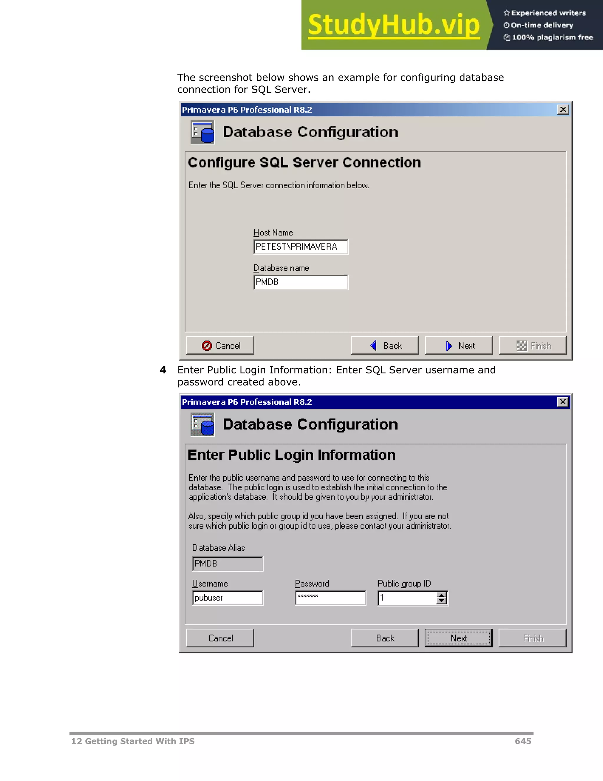 12 Getting Started With IPS 645
The screenshot below shows an example for configuring database
connection for SQL Server.
4 Enter Public Login Information: Enter SQL Server username and
password created above.
 