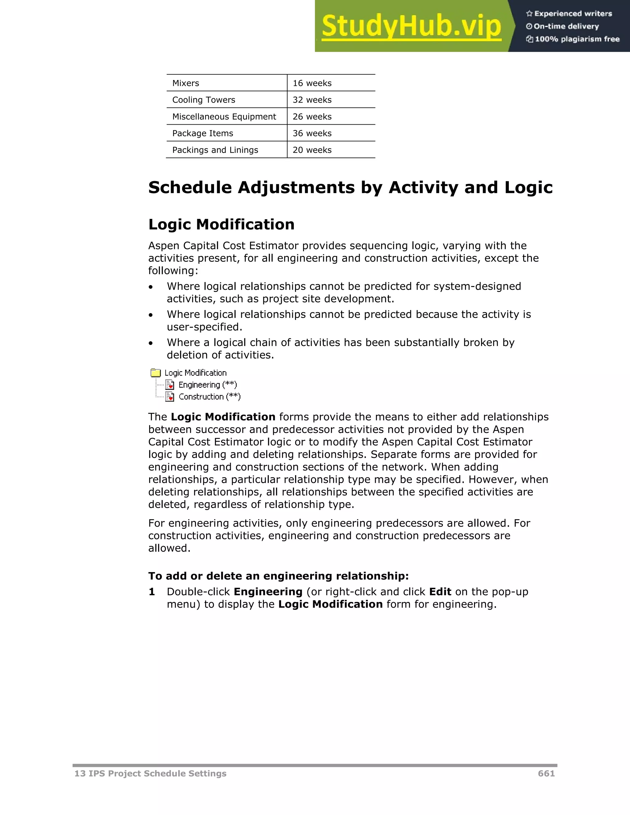 13 IPS Project Schedule Settings 661
Mixers 16 weeks
Cooling Towers 32 weeks
Miscellaneous Equipment 26 weeks
Package Items 36 weeks
Packings and Linings 20 weeks
Schedule Adjustments by Activity and Logic
Logic Modification
Aspen Capital Cost Estimator provides sequencing logic, varying with the
activities present, for all engineering and construction activities, except the
following:
 Where logical relationships cannot be predicted for system-designed
activities, such as project site development.
 Where logical relationships cannot be predicted because the activity is
user-specified.
 Where a logical chain of activities has been substantially broken by
deletion of activities.
The Logic Modification forms provide the means to either add relationships
between successor and predecessor activities not provided by the Aspen
Capital Cost Estimator logic or to modify the Aspen Capital Cost Estimator
logic by adding and deleting relationships. Separate forms are provided for
engineering and construction sections of the network. When adding
relationships, a particular relationship type may be specified. However, when
deleting relationships, all relationships between the specified activities are
deleted, regardless of relationship type.
For engineering activities, only engineering predecessors are allowed. For
construction activities, engineering and construction predecessors are
allowed.
To add or delete an engineering relationship:
1 Double-click Engineering (or right-click and click Edit on the pop-up
menu) to display the Logic Modification form for engineering.
 