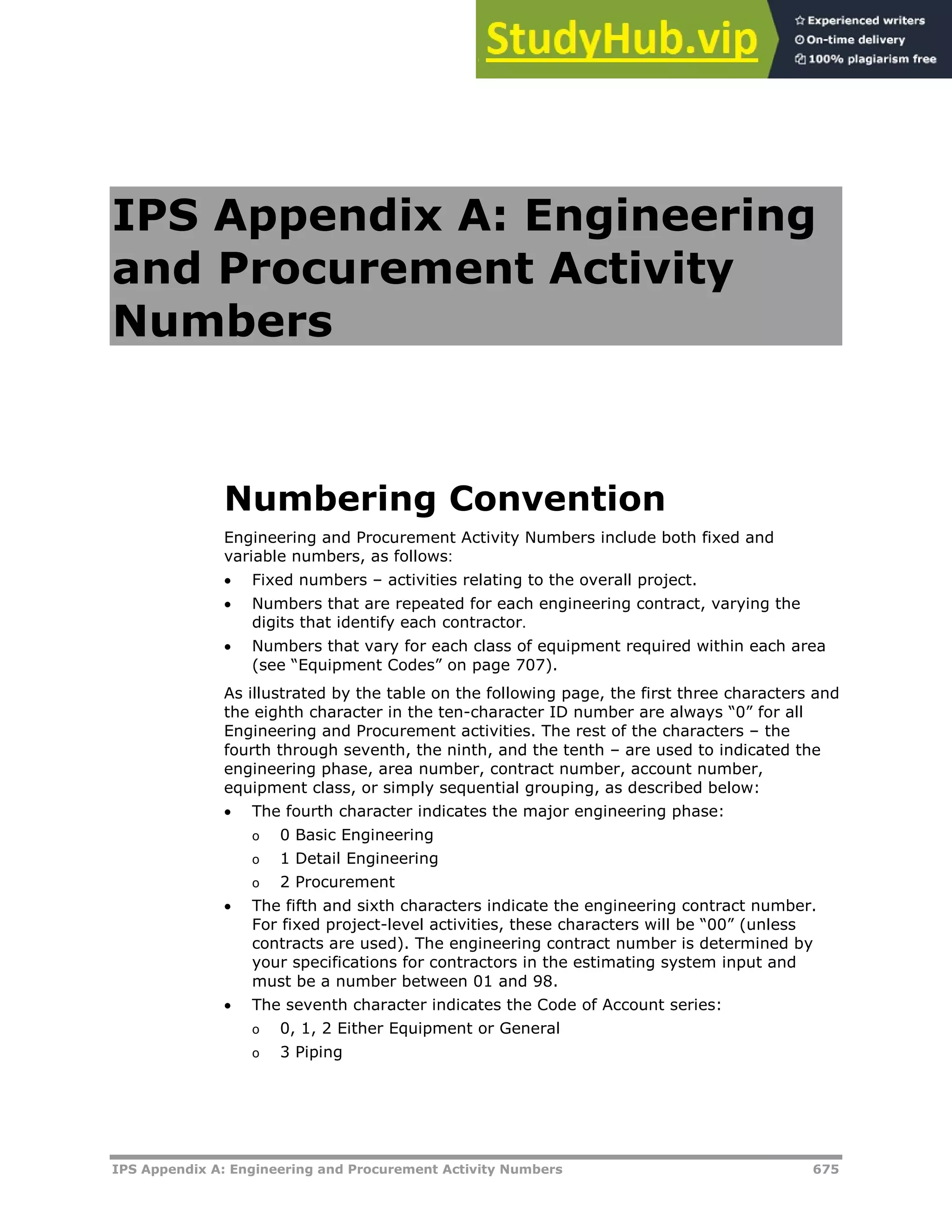 IPS Appendix A: Engineering and Procurement Activity Numbers 675
IPS Appendix A: Engineering
and Procurement Activity
Numbers
Numbering Convention
Engineering and Procurement Activity Numbers include both fixed and
variable numbers, as follows:
 Fixed numbers – activities relating to the overall project.
 Numbers that are repeated for each engineering contract, varying the
digits that identify each contractor.
 Numbers that vary for each class of equipment required within each area
(see “Equipment Codes” on page XX707XX).
As illustrated by the table on the following page, the first three characters and
the eighth character in the ten-character ID number are always “0” for all
Engineering and Procurement activities. The rest of the characters – the
fourth through seventh, the ninth, and the tenth – are used to indicated the
engineering phase, area number, contract number, account number,
equipment class, or simply sequential grouping, as described below:
 The fourth character indicates the major engineering phase:
o 0 Basic Engineering
o 1 Detail Engineering
o 2 Procurement
 The fifth and sixth characters indicate the engineering contract number.
For fixed project-level activities, these characters will be “00” (unless
contracts are used). The engineering contract number is determined by
your specifications for contractors in the estimating system input and
must be a number between 01 and 98.
 The seventh character indicates the Code of Account series:
o 0, 1, 2 Either Equipment or General
o 3 Piping
 