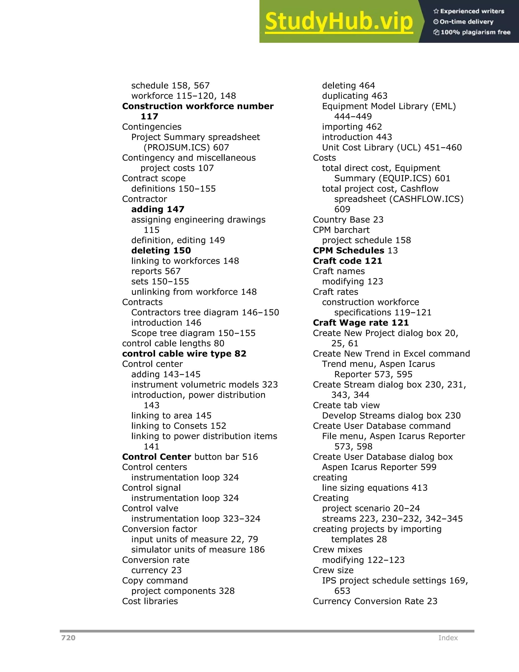 720 Index
schedule 158, 567
workforce 115–120, 148
Construction workforce number
117
Contingencies
Project Summary spreadsheet
(PROJSUM.ICS) 607
Contingency and miscellaneous
project costs 107
Contract scope
definitions 150–155
Contractor
adding 147
assigning engineering drawings
115
definition, editing 149
deleting 150
linking to workforces 148
reports 567
sets 150–155
unlinking from workforce 148
Contracts
Contractors tree diagram 146–150
introduction 146
Scope tree diagram 150–155
control cable lengths 80
control cable wire type 82
Control center
adding 143–145
instrument volumetric models 323
introduction, power distribution
143
linking to area 145
linking to Consets 152
linking to power distribution items
141
Control Center button bar 516
Control centers
instrumentation loop 324
Control signal
instrumentation loop 324
Control valve
instrumentation loop 323–324
Conversion factor
input units of measure 22, 79
simulator units of measure 186
Conversion rate
currency 23
Copy command
project components 328
Cost libraries
deleting 464
duplicating 463
Equipment Model Library (EML)
444–449
importing 462
introduction 443
Unit Cost Library (UCL) 451–460
Costs
total direct cost, Equipment
Summary (EQUIP.ICS) 601
total project cost, Cashflow
spreadsheet (CASHFLOW.ICS)
609
Country Base 23
CPM barchart
project schedule 158
CPM Schedules 13
Craft code 121
Craft names
modifying 123
Craft rates
construction workforce
specifications 119–121
Craft Wage rate 121
Create New Project dialog box 20,
25, 61
Create New Trend in Excel command
Trend menu, Aspen Icarus
Reporter 573, 595
Create Stream dialog box 230, 231,
343, 344
Create tab view
Develop Streams dialog box 230
Create User Database command
File menu, Aspen Icarus Reporter
573, 598
Create User Database dialog box
Aspen Icarus Reporter 599
creating
line sizing equations 413
Creating
project scenario 20–24
streams 223, 230–232, 342–345
creating projects by importing
templates 28
Crew mixes
modifying 122–123
Crew size
IPS project schedule settings 169,
653
Currency Conversion Rate 23
 