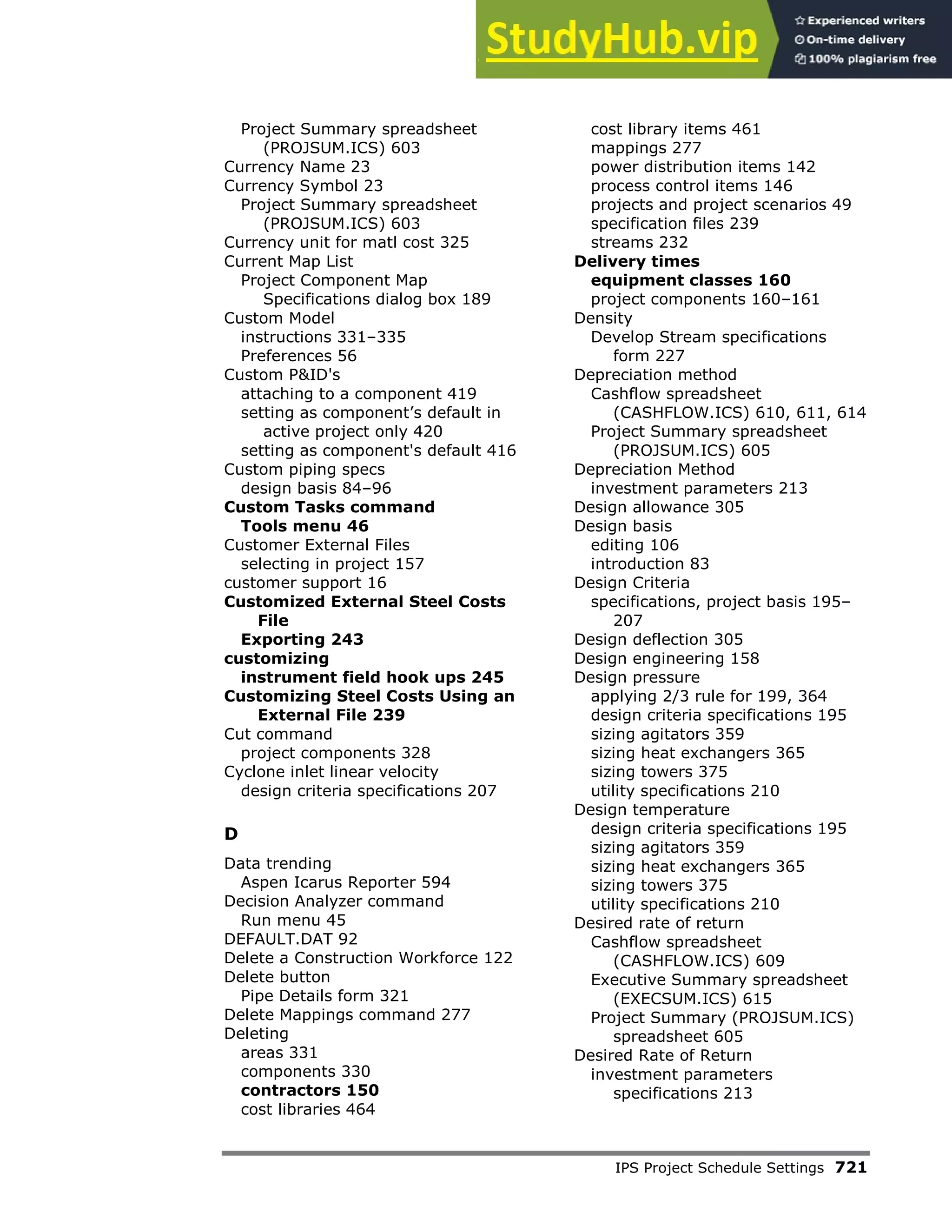 IPS Project Schedule Settings 721
Project Summary spreadsheet
(PROJSUM.ICS) 603
Currency Name 23
Currency Symbol 23
Project Summary spreadsheet
(PROJSUM.ICS) 603
Currency unit for matl cost 325
Current Map List
Project Component Map
Specifications dialog box 189
Custom Model
instructions 331–335
Preferences 56
Custom P&ID's
attaching to a component 419
setting as component’s default in
active project only 420
setting as component's default 416
Custom piping specs
design basis 84–96
Custom Tasks command
Tools menu 46
Customer External Files
selecting in project 157
customer support 16
Customized External Steel Costs
File
Exporting 243
customizing
instrument field hook ups 245
Customizing Steel Costs Using an
External File 239
Cut command
project components 328
Cyclone inlet linear velocity
design criteria specifications 207
D
Data trending
Aspen Icarus Reporter 594
Decision Analyzer command
Run menu 45
DEFAULT.DAT 92
Delete a Construction Workforce 122
Delete button
Pipe Details form 321
Delete Mappings command 277
Deleting
areas 331
components 330
contractors 150
cost libraries 464
cost library items 461
mappings 277
power distribution items 142
process control items 146
projects and project scenarios 49
specification files 239
streams 232
Delivery times
equipment classes 160
project components 160–161
Density
Develop Stream specifications
form 227
Depreciation method
Cashflow spreadsheet
(CASHFLOW.ICS) 610, 611, 614
Project Summary spreadsheet
(PROJSUM.ICS) 605
Depreciation Method
investment parameters 213
Design allowance 305
Design basis
editing 106
introduction 83
Design Criteria
specifications, project basis 195–
207
Design deflection 305
Design engineering 158
Design pressure
applying 2/3 rule for 199, 364
design criteria specifications 195
sizing agitators 359
sizing heat exchangers 365
sizing towers 375
utility specifications 210
Design temperature
design criteria specifications 195
sizing agitators 359
sizing heat exchangers 365
sizing towers 375
utility specifications 210
Desired rate of return
Cashflow spreadsheet
(CASHFLOW.ICS) 609
Executive Summary spreadsheet
(EXECSUM.ICS) 615
Project Summary (PROJSUM.ICS)
spreadsheet 605
Desired Rate of Return
investment parameters
specifications 213
 