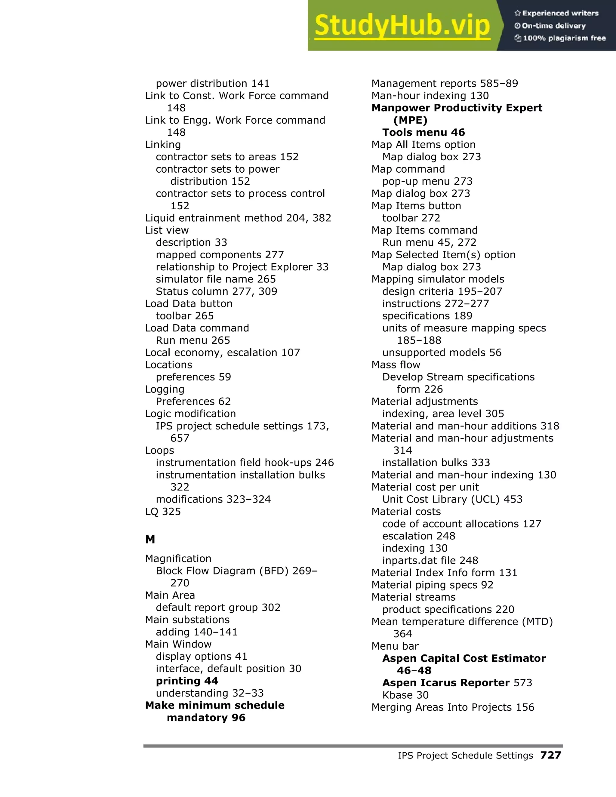 IPS Project Schedule Settings 727
power distribution 141
Link to Const. Work Force command
148
Link to Engg. Work Force command
148
Linking
contractor sets to areas 152
contractor sets to power
distribution 152
contractor sets to process control
152
Liquid entrainment method 204, 382
List view
description 33
mapped components 277
relationship to Project Explorer 33
simulator file name 265
Status column 277, 309
Load Data button
toolbar 265
Load Data command
Run menu 265
Local economy, escalation 107
Locations
preferences 59
Logging
Preferences 62
Logic modification
IPS project schedule settings 173,
657
Loops
instrumentation field hook-ups 246
instrumentation installation bulks
322
modifications 323–324
LQ 325
M
Magnification
Block Flow Diagram (BFD) 269–
270
Main Area
default report group 302
Main substations
adding 140–141
Main Window
display options 41
interface, default position 30
printing 44
understanding 32–33
Make minimum schedule
mandatory 96
Management reports 585–89
Man-hour indexing 130
Manpower Productivity Expert
(MPE)
Tools menu 46
Map All Items option
Map dialog box 273
Map command
pop-up menu 273
Map dialog box 273
Map Items button
toolbar 272
Map Items command
Run menu 45, 272
Map Selected Item(s) option
Map dialog box 273
Mapping simulator models
design criteria 195–207
instructions 272–277
specifications 189
units of measure mapping specs
185–188
unsupported models 56
Mass flow
Develop Stream specifications
form 226
Material adjustments
indexing, area level 305
Material and man-hour additions 318
Material and man-hour adjustments
314
installation bulks 333
Material and man-hour indexing 130
Material cost per unit
Unit Cost Library (UCL) 453
Material costs
code of account allocations 127
escalation 248
indexing 130
inparts.dat file 248
Material Index Info form 131
Material piping specs 92
Material streams
product specifications 220
Mean temperature difference (MTD)
364
Menu bar
Aspen Capital Cost Estimator
46–48
Aspen Icarus Reporter 573
Kbase 30
Merging Areas Into Projects 156
 