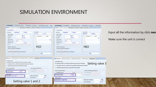 SIMULATION ENVIRONMENT
Setting valve 1 and 2
Setting valve 3
FBO
FEO
Input all the information by click next
Make sure the unit is correct
 