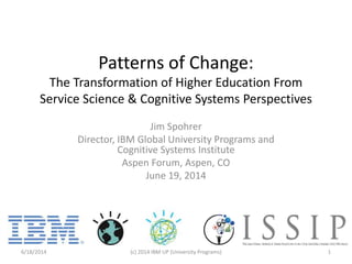 Patterns of Change:
The Transformation of Higher Education From
Service Science & Cognitive Systems Perspectives
Jim Spohrer
Director, IBM Global University Programs and
Cognitive Systems Institute
Aspen Forum, Aspen, CO
June 19, 2014
6/18/2014 (c) 2014 IBM UP (University Programs) 1
 