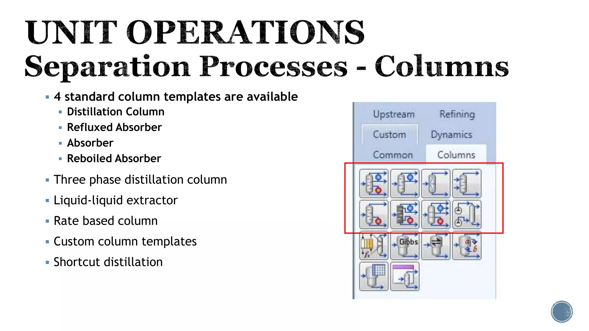  4 standard column templates are available
 Distillation Column
 Refluxed Absorber
 Absorber
 Reboiled Absorber
 Three phase distillation column
 Liquid-liquid extractor
 Rate based column
 Custom column templates
 Shortcut distillation
 