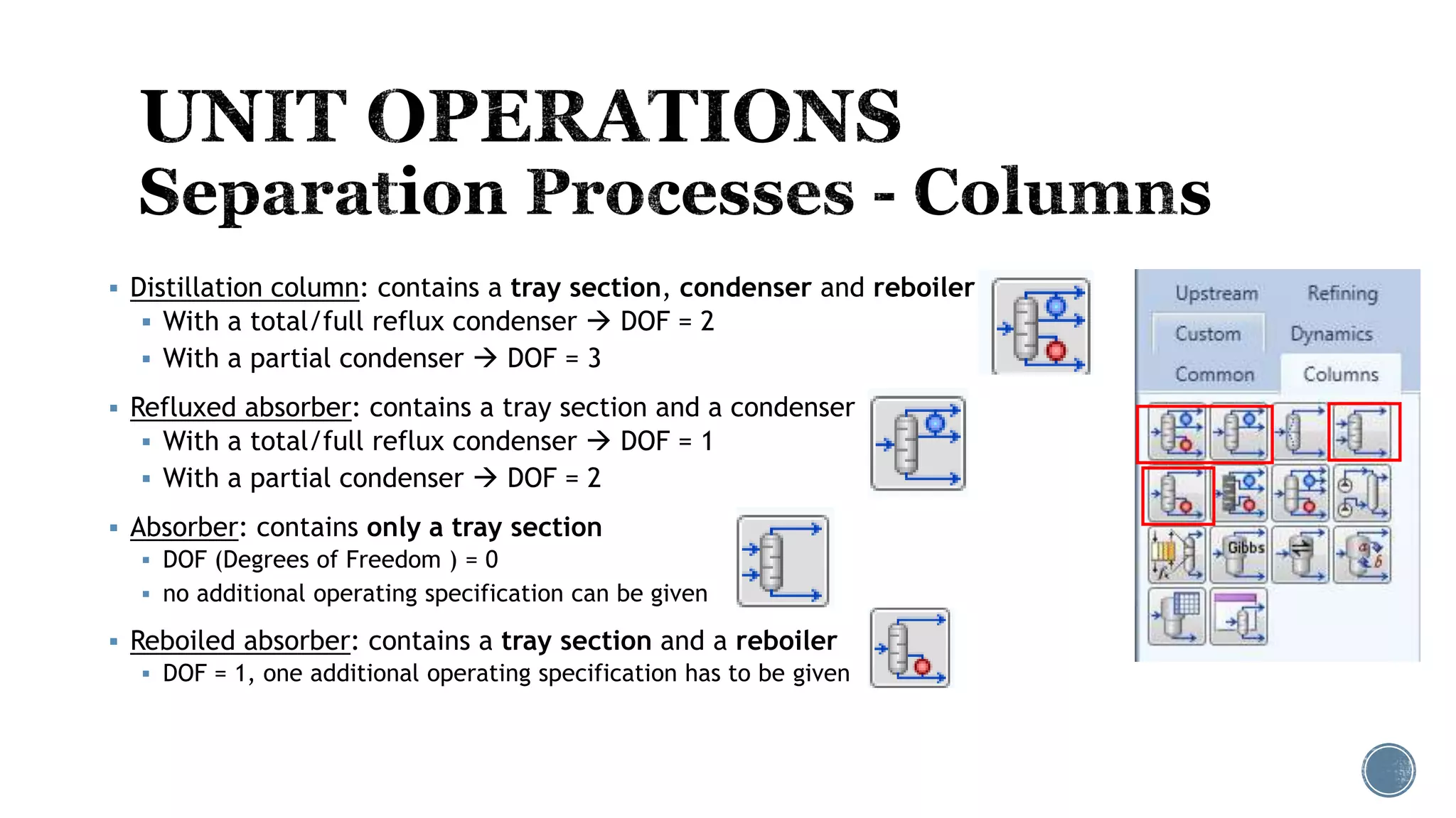  Distillation column: contains a tray section, condenser and reboiler
 With a total/full reflux condenser  DOF = 2
 With a partial condenser  DOF = 3
 Refluxed absorber: contains a tray section and a condenser
 With a total/full reflux condenser  DOF = 1
 With a partial condenser  DOF = 2
 Absorber: contains only a tray section
 DOF (Degrees of Freedom ) = 0
 no additional operating specification can be given
 Reboiled absorber: contains a tray section and a reboiler
 DOF = 1, one additional operating specification has to be given
 