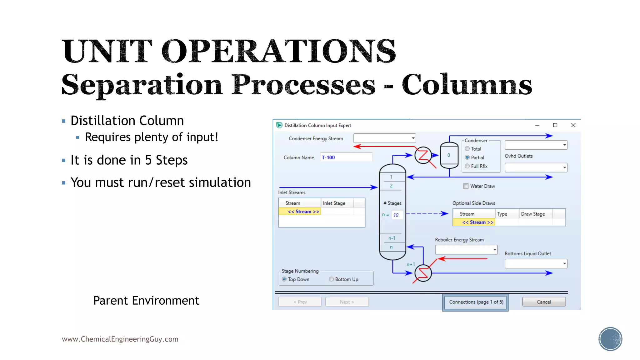  Distillation Column
 Requires plenty of input!
 It is done in 5 Steps
 You must run/reset simulation
www.ChemicalEngineeringGuy.com
Parent Environment
 
