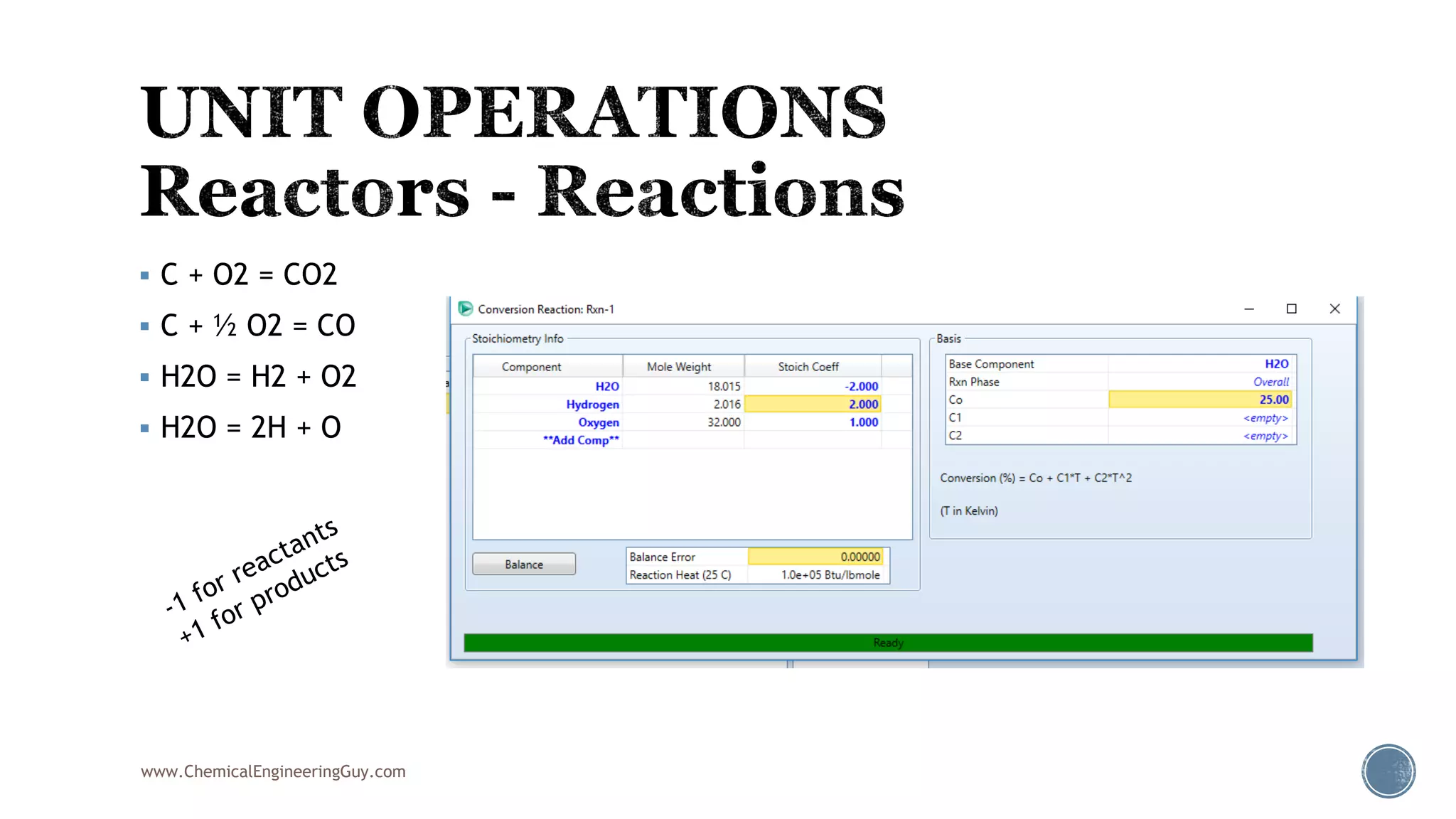  C + O2 = CO2
 C + ½ O2 = CO
 H2O = H2 + O2
 H2O = 2H + O
www.ChemicalEngineeringGuy.com
 