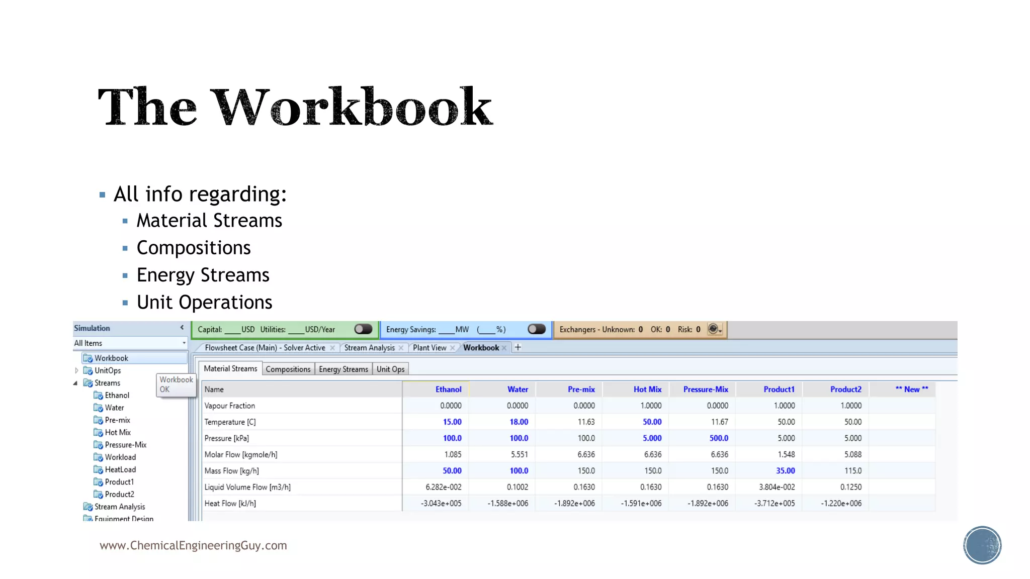  All info regarding:
 Material Streams
 Compositions
 Energy Streams
 Unit Operations
www.ChemicalEngineeringGuy.com
 