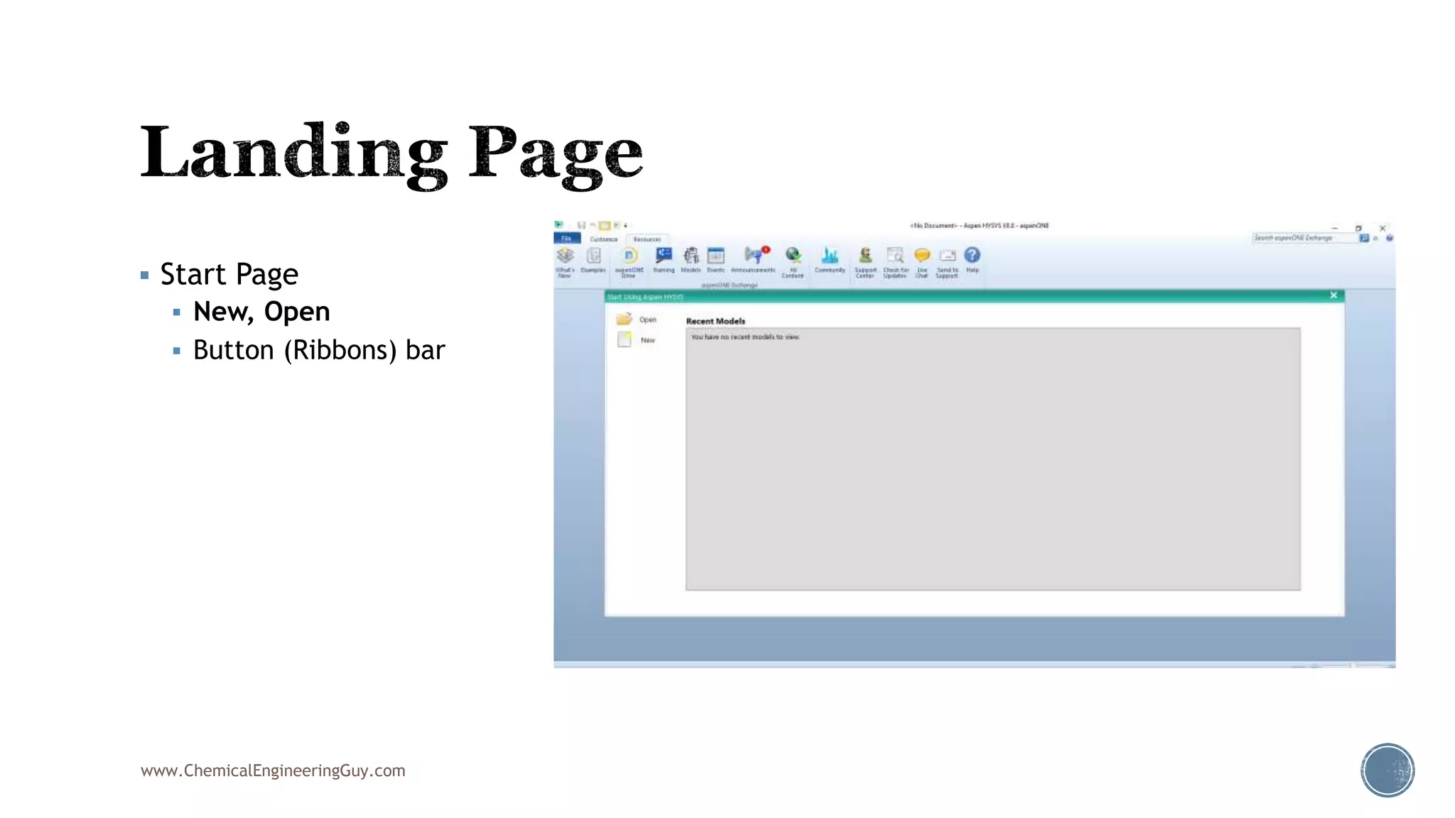  Start Page
 New, Open
 Button (Ribbons) bar
www.ChemicalEngineeringGuy.com
 